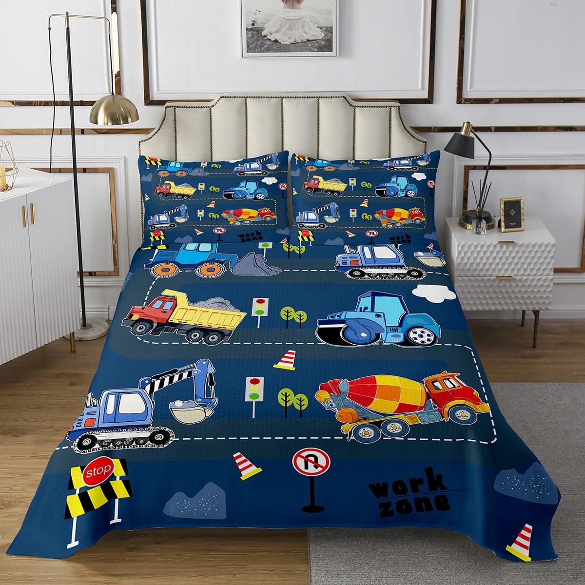 jejeloiu Boys Girls Excavator Quilted Coverlet Twin Size, Construction Vehicles Coverlet Set Cartoon Car Bedspread Kids Equipment Trucks Teens Bedroom Decor with 1 Pillow Case