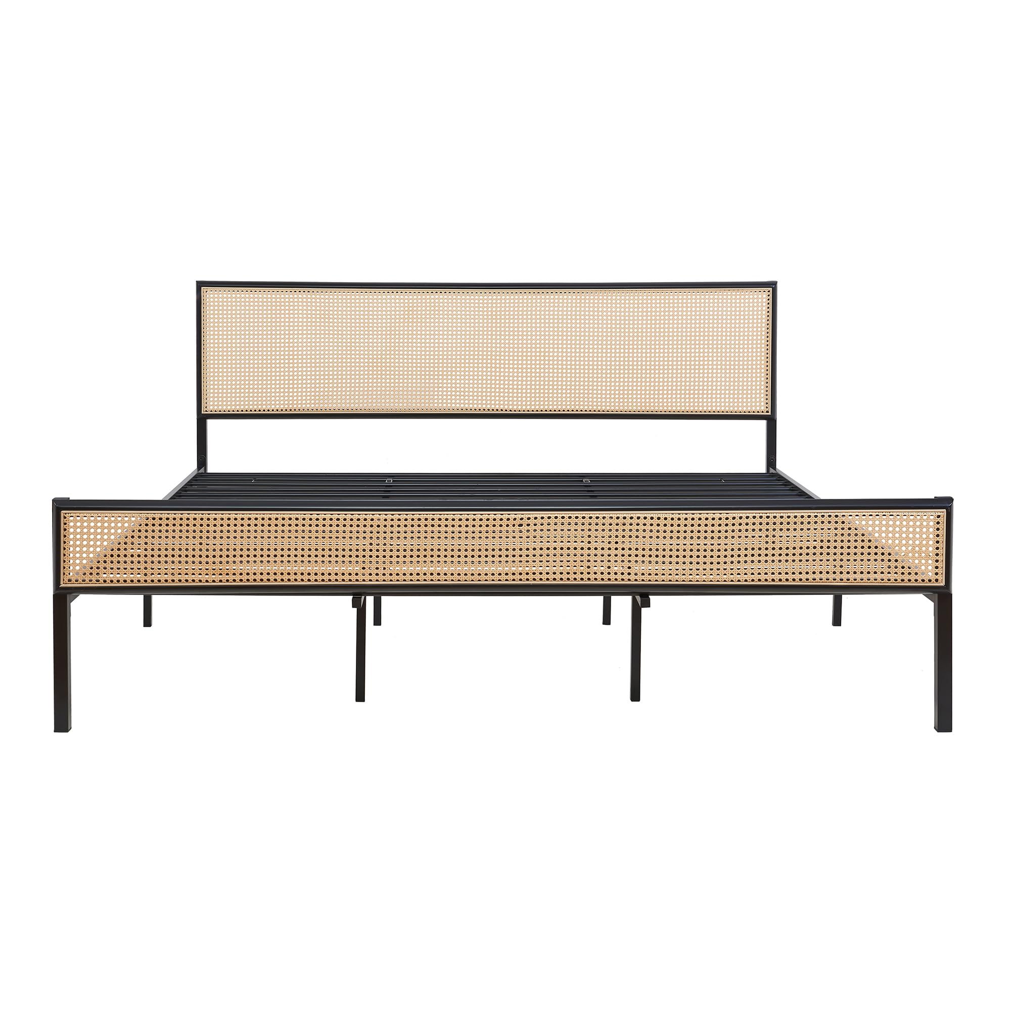 [en.casa] Bett Linköping 180 x 200 cm Bettgestell und Lattenrost Metallbett mit rechteckigem Kopfteil Doppelbett max. 300 kg Schwarz mit Rattanoptik