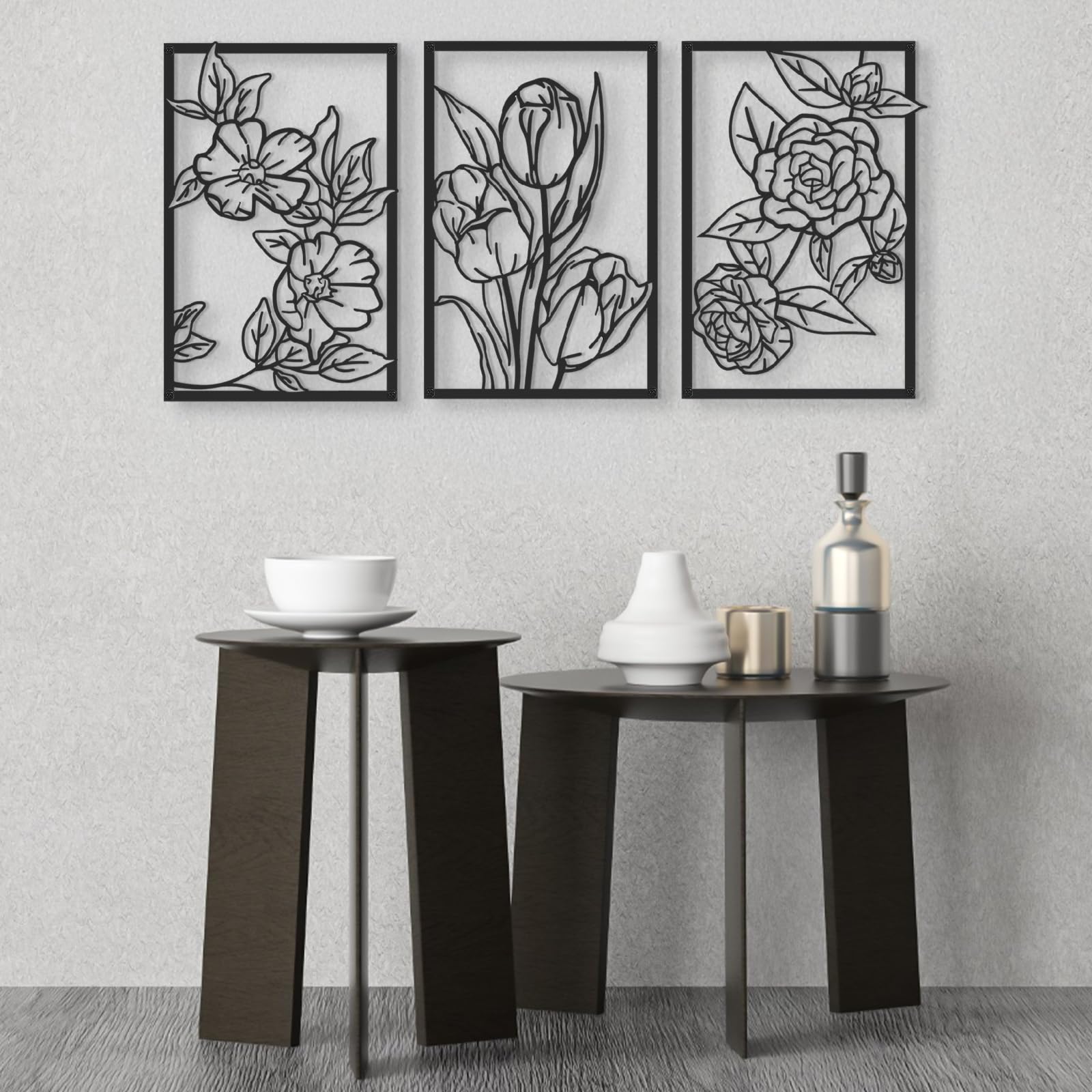 QUMENEY 3 Pcs Black Metal Flower Wall Decor Wall Ornaments Floral Art Line Hanging Iron Wall Sculpture for Home Bedroom Office Kitchen Living Room
