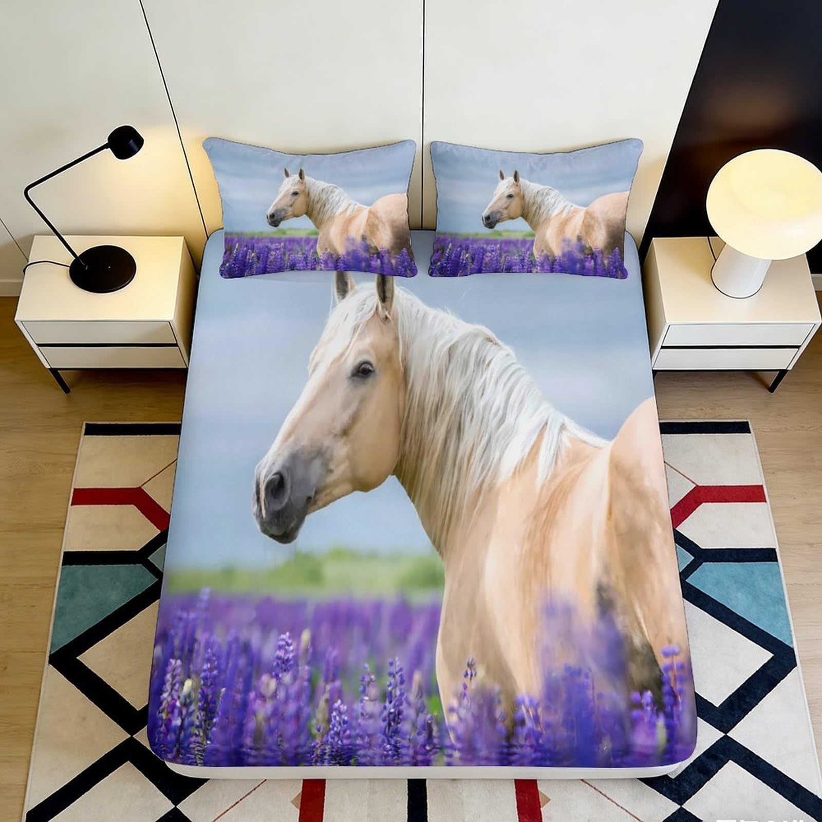 3D Printed Horse in Lavender Field Fitted Sheet Microfiber Soft Mattress Cover Bedroom Guest Room Decor 90x200x25cm