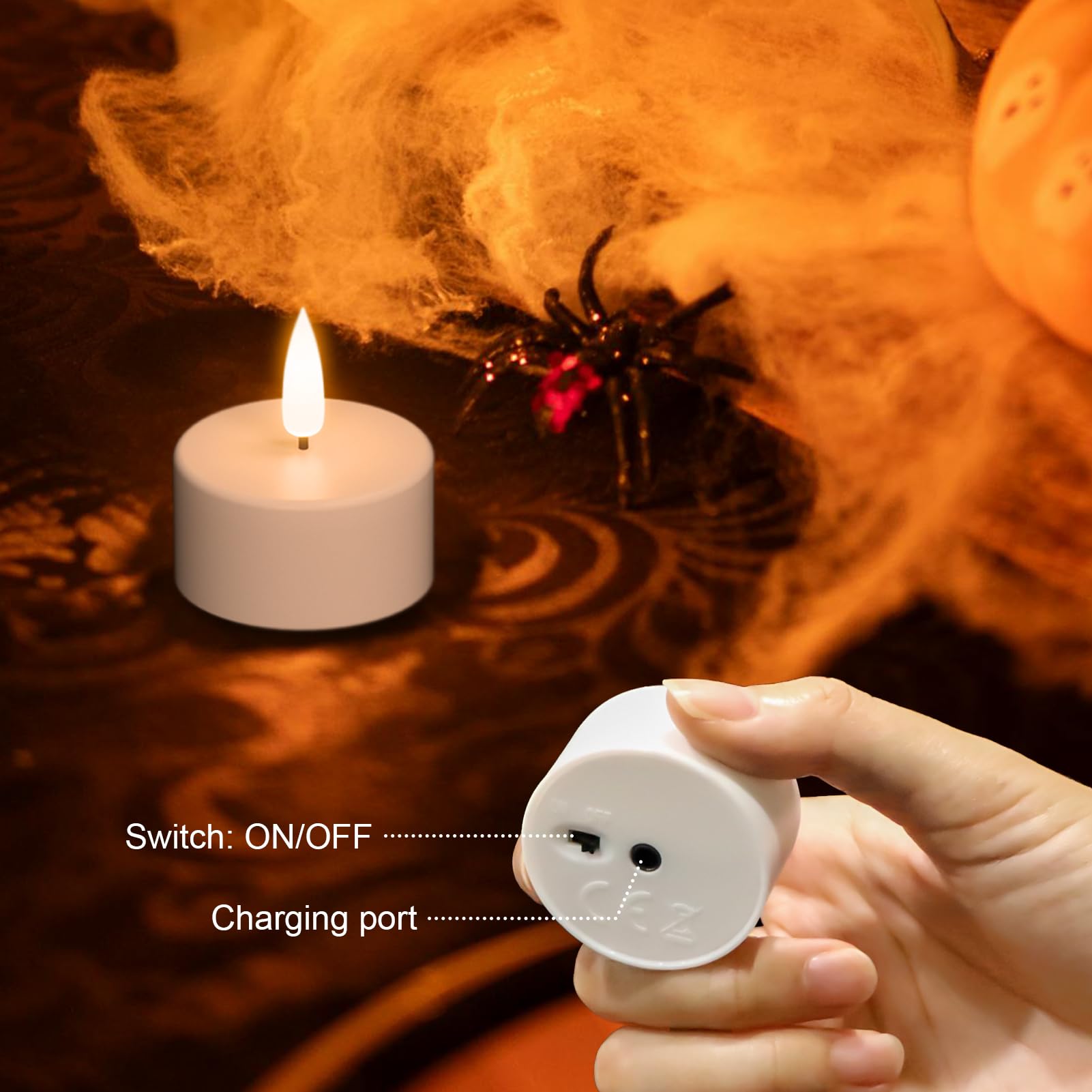 Velas votivas recargables sin llama con control remoto y temporizador, 12 velas LED parpadeantes de plástico blanco con base de carga, decoración de Halloween, Navidad y vacaciones (1.6 x 1.9