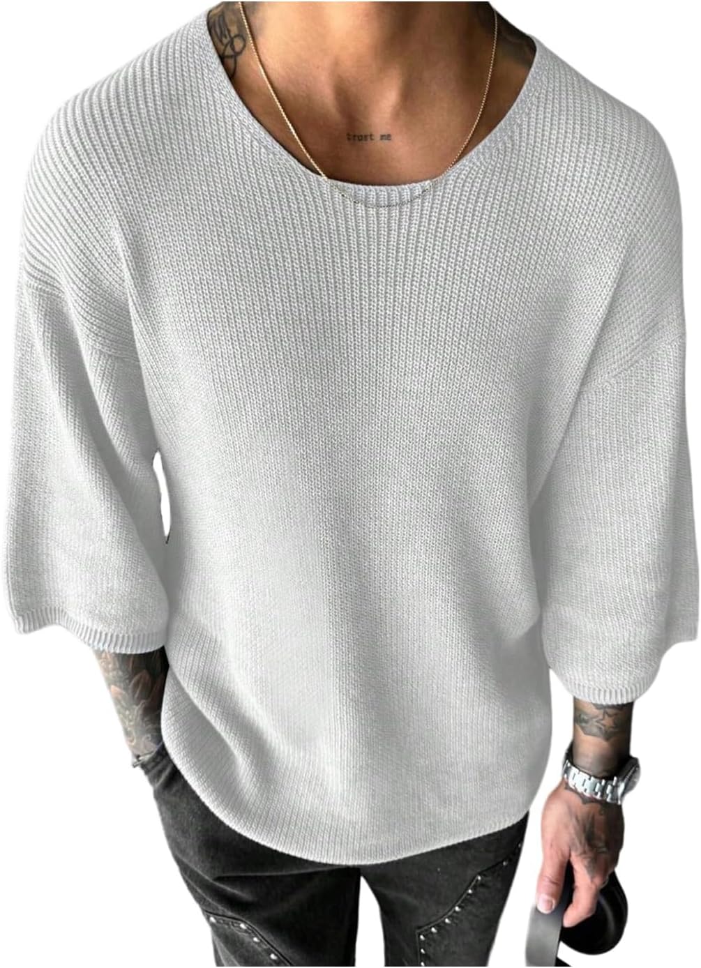 Verdusa Men's Drop Shoulder 3/4 Sleeve Sweaters Crew Neck Ribbed Knit Tops