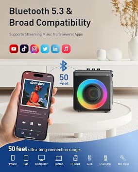Karaoke Machine with 2 Microphones: Portable Bluetooth Speaker for Adults & Kids - PA System with Lights Supports TWS/TF Card/USB/AUX for Home Party-Stage Subwoofers