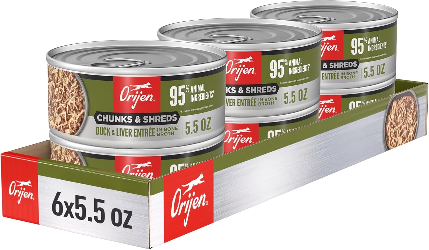 ORIJEN Chunks & Shreds Wet Cat Food Duck & Liver Entrée 5.5oz Cans (6 Count)