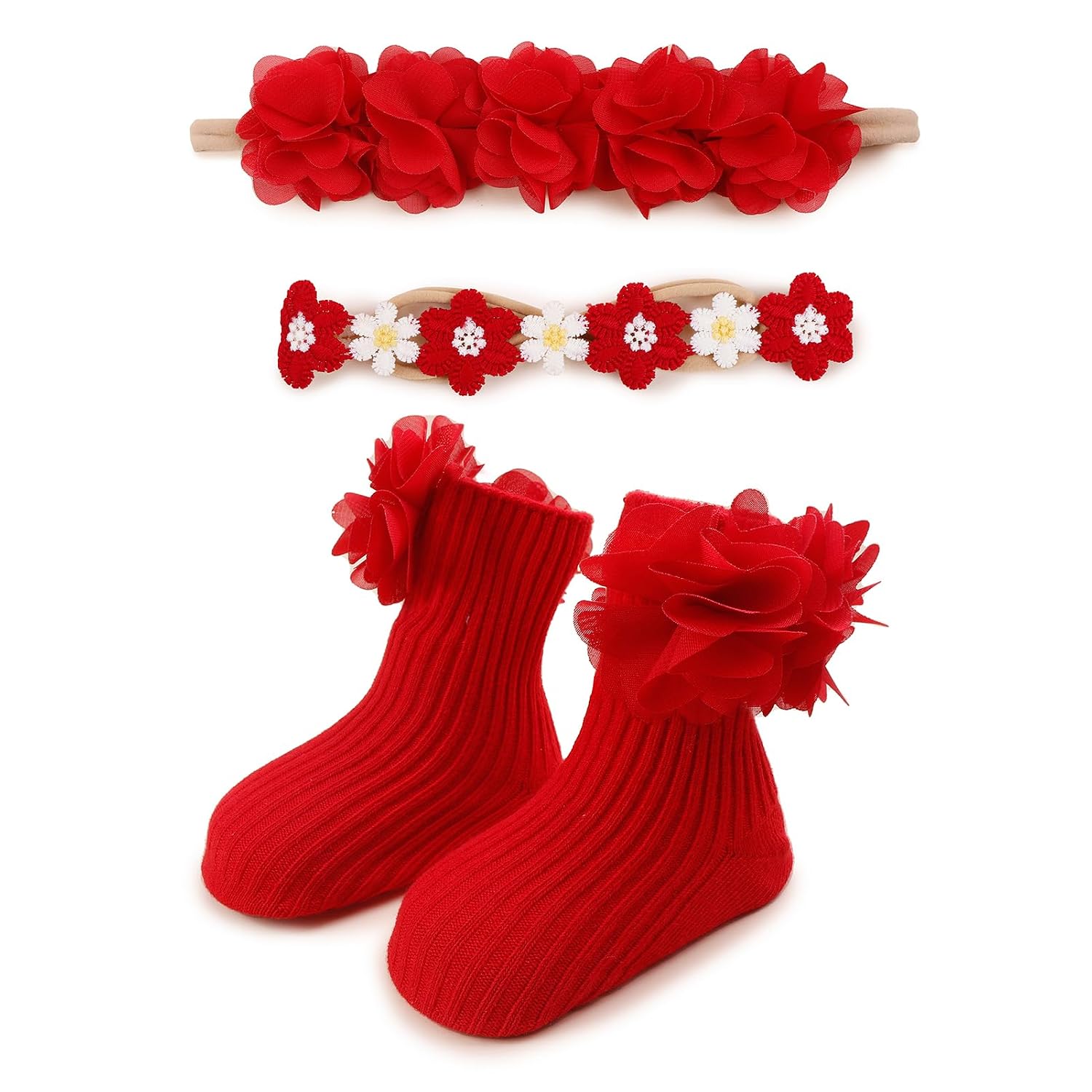 cherrboll Girl Headbands and Socks Set, 3Pcs Soft Floral Hairbands Knit Socks for Baby Newborn Infant Toddler Photography Props