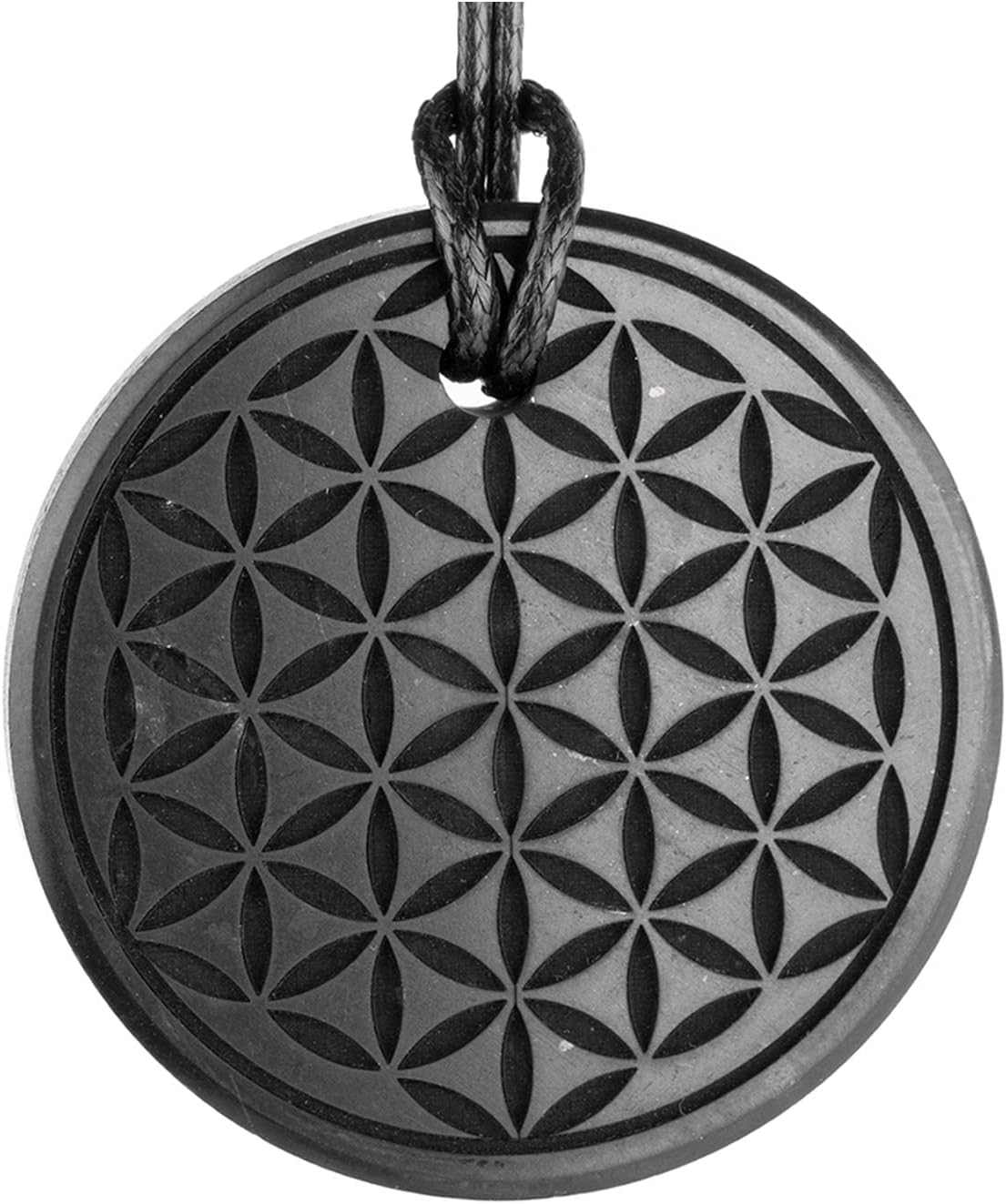 Shungite Pendants, Necklace and Amulets - Made of Authentic Russian c60 Stone - Engraved - 1.4 inches - Round Shape (Flower of Life)