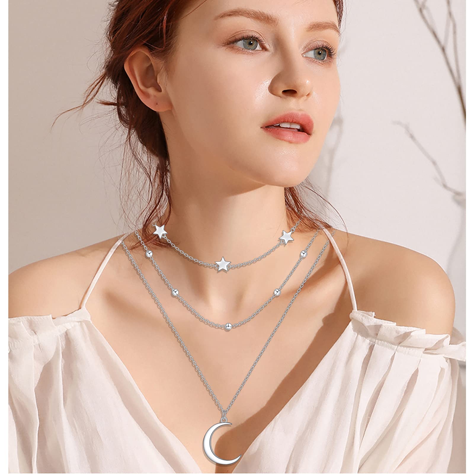 Collares de plata de ley 925 en capas, sol y luna, estrella, mal de ojo, círculo, barra, collar multicapa de triple cadena larga, colgante de clavícula en Y para mujer