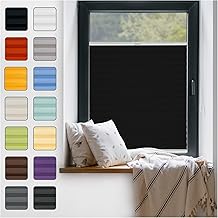 Window Pleated Blind, No Drilling for Gluing, Inner Frame, Thermal Pleated Blind Inside, Roller Blind Brackets on Frame, Folding Roller Blind, Privacy Screen, Opaque, for Windows and Doors, Black, 55