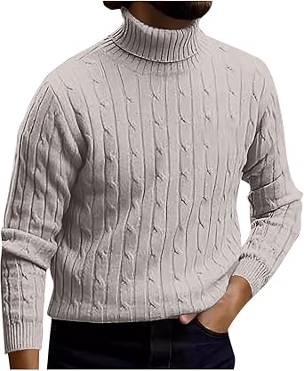 Mens Shirts Casual Stylish Long Sleeve Solid Turtleneck Knitted Sweater Loose Fit Pullover Shirt Fall Winter Tops