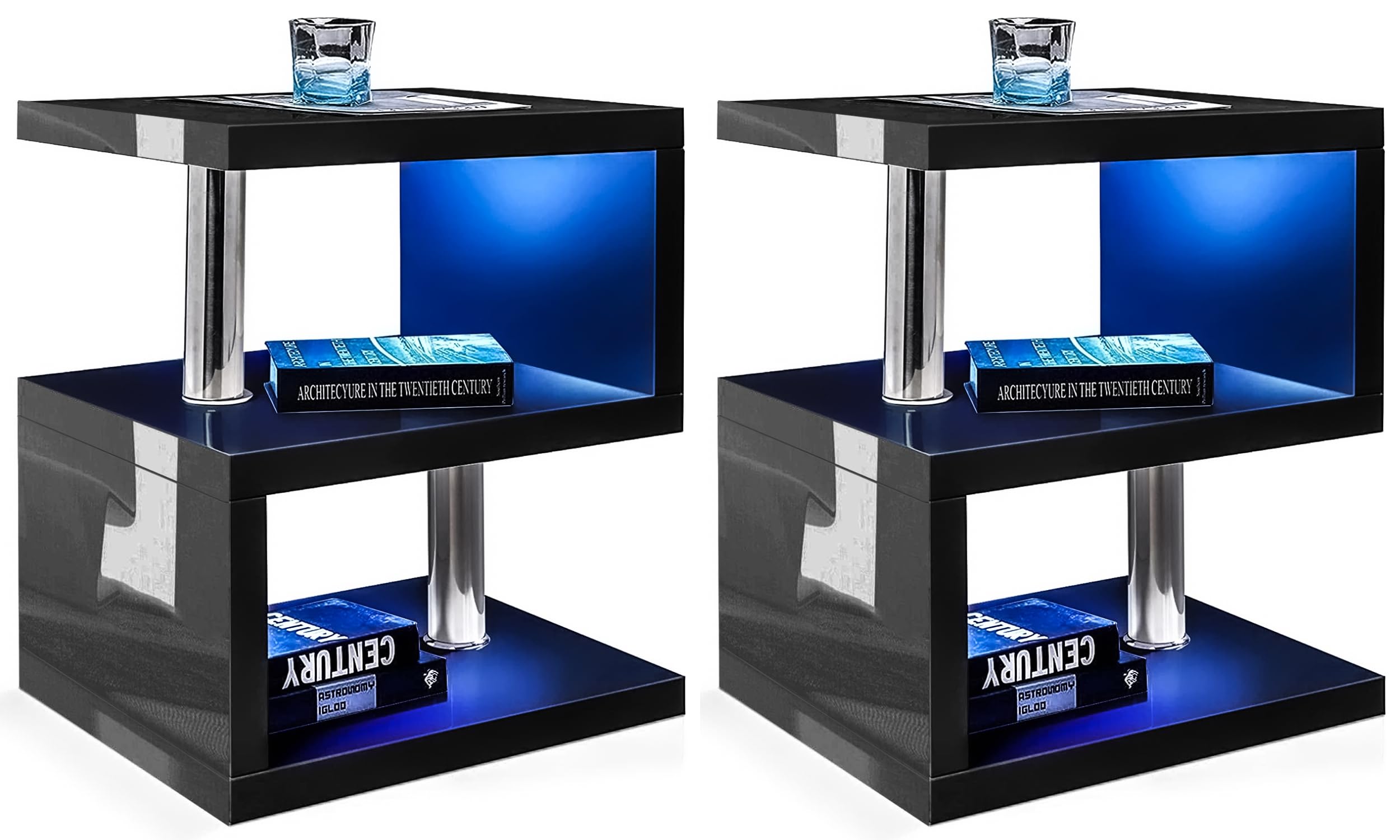 High Gloss Bedside Tables Set of 2 with RGB LED Lights Small Side Table for Bedroom 2 Tier Shelf Nightstands Side Tables for Living Room Small Spaces End Table Set, Black — image 1