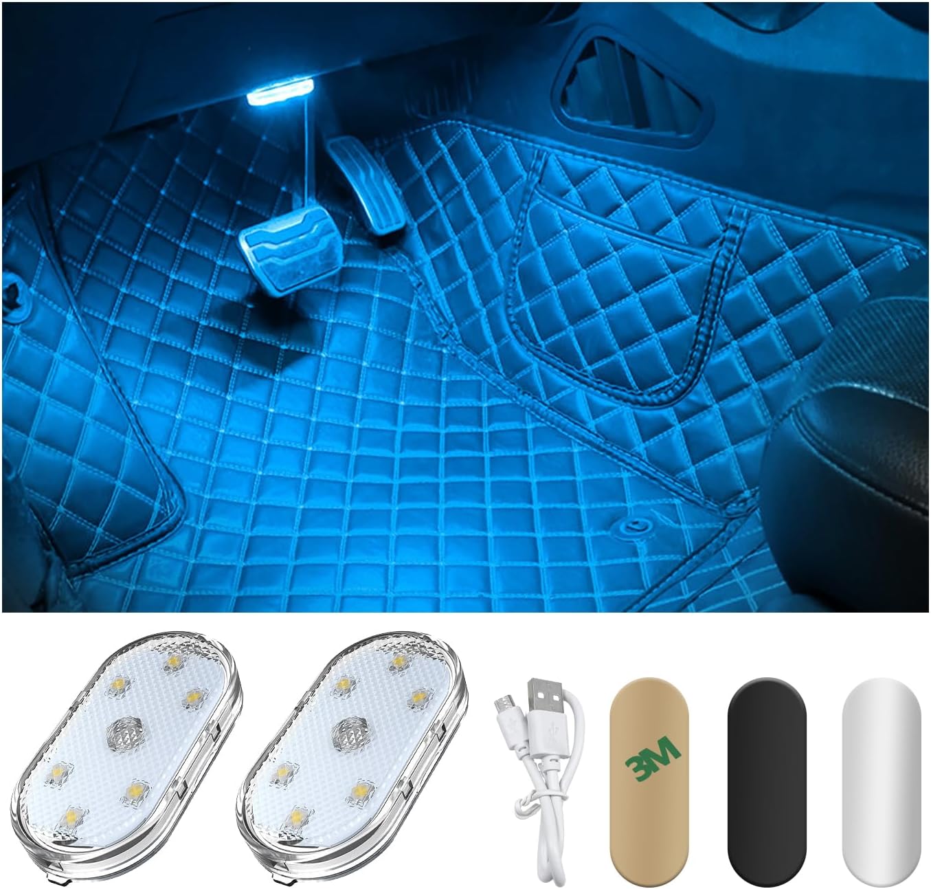 2 PCS Wireless Led Lights for Car Interior, 7 Colors Magnetic Auto Ambient Light with 6 Bright LED Lamp Beads, USB Rechargeable Vehicle Led Night Light, Car Accessories (Ice Blue)