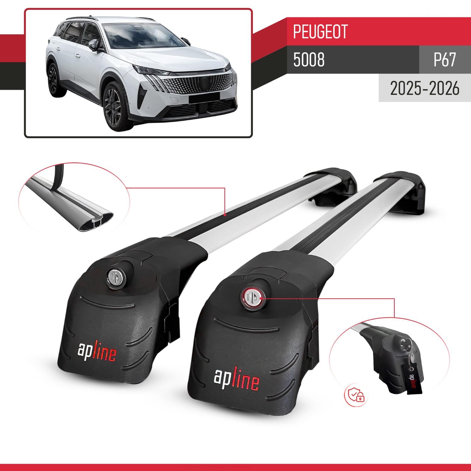 Compatible avec Peugeot 5008 (P67) 2025-2026 ACE-2 Modèle Barres de Toit Railing Porte-Bagages de Voiture Aluminium Gris 2 Barres