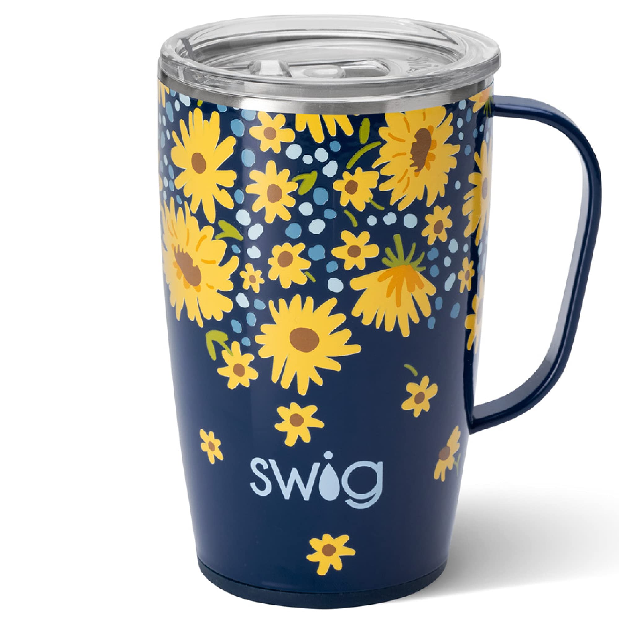 Swig Life 18oz Travel Mug, Insulated Tumbler with Handle and Lid, Cup Holder Friendly, Dishwasher Safe, Stainless Steel, Travel Coffee Cup (Lazy Daisy