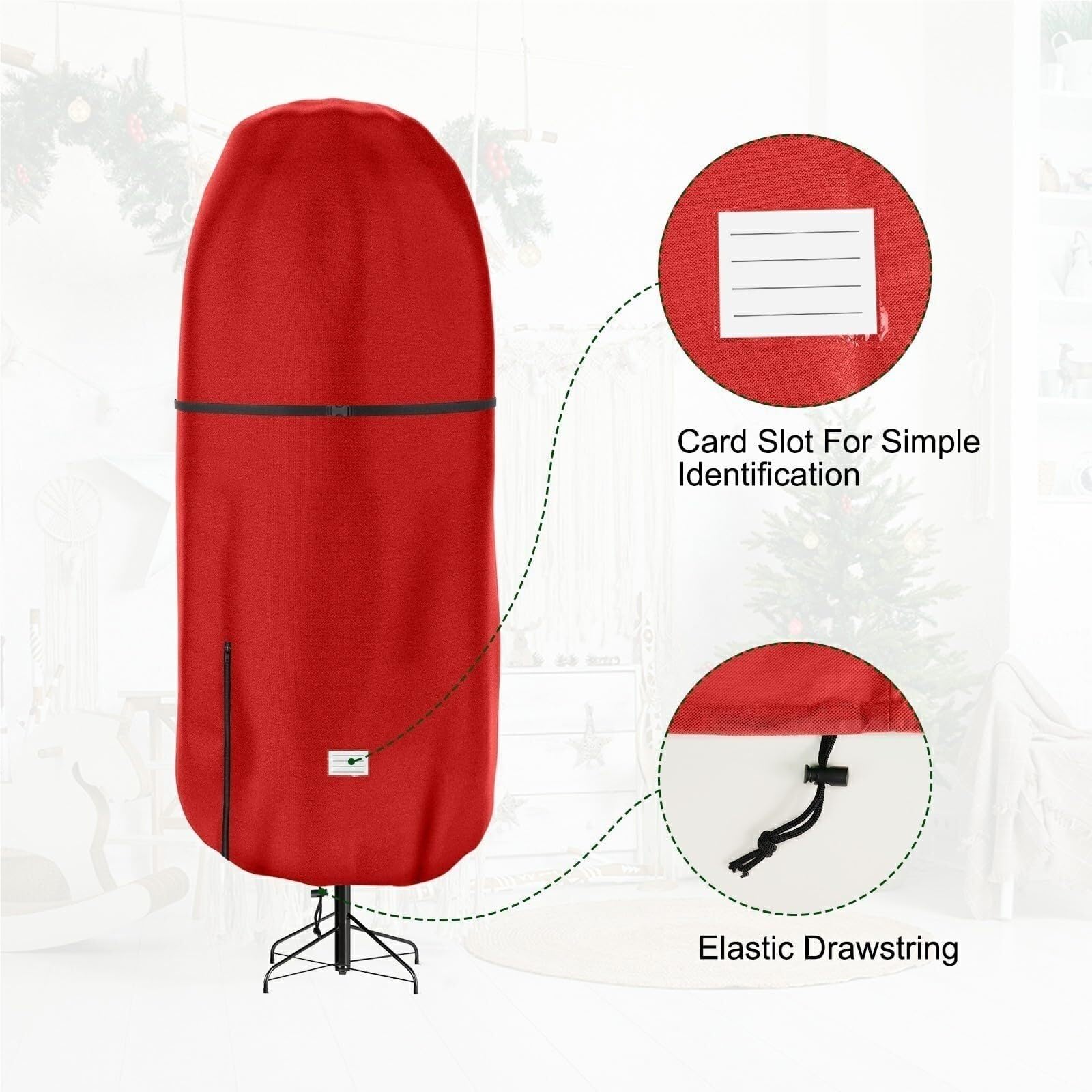Saco Árbol Navidad Tela Vertical De Oxford La Cubierta del Almacenamiento Árbol Navidad con Cremallera Y Ajustable Almacenamiento(Rot,91cm)