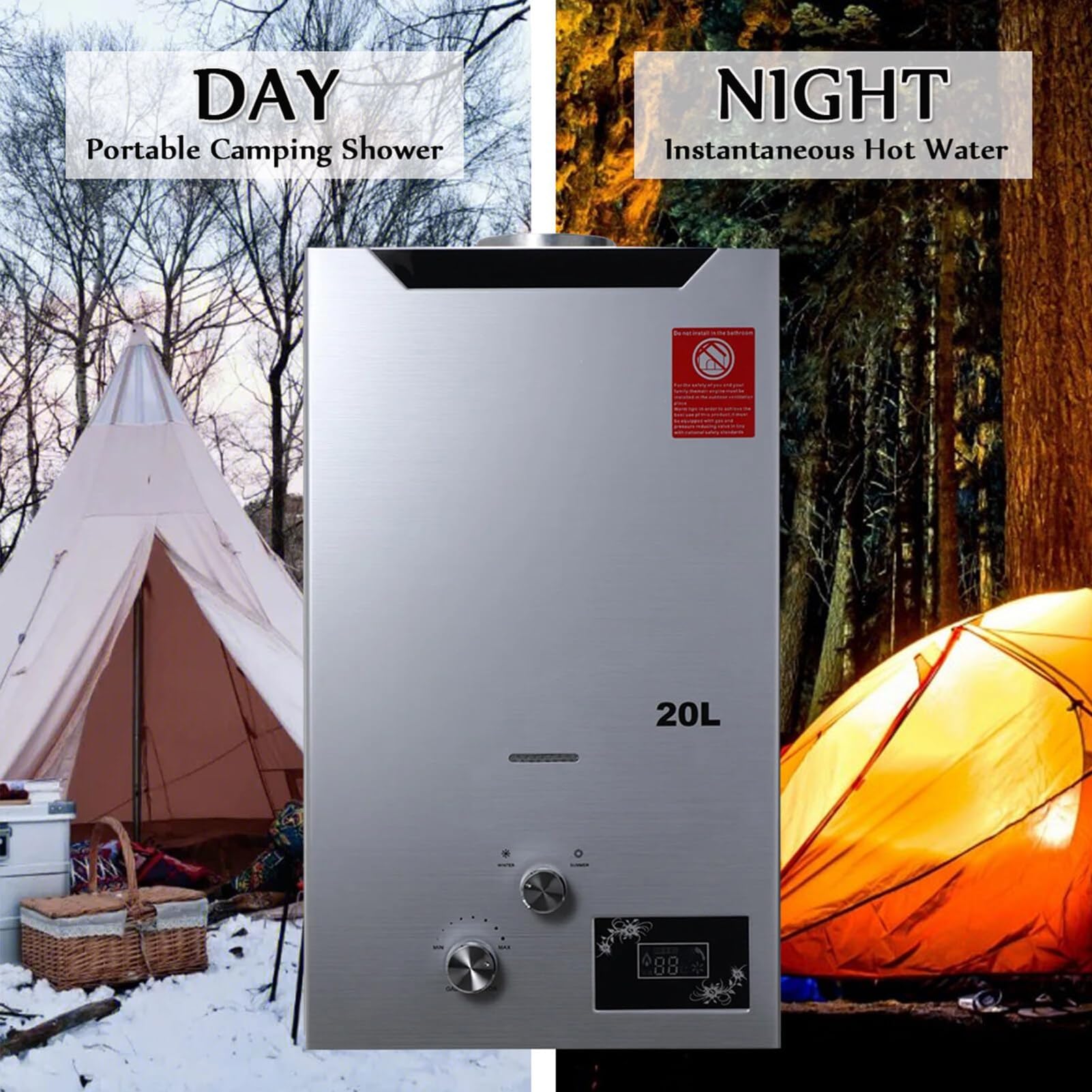 Scaldabagno a gas, scaldabagno GPL da 18 litri, scaldabagno a gas propano senza serbatoio propano, sistema di acqua calda a richiesta for casa, camper e uso esterno - Compatto, facile da installare