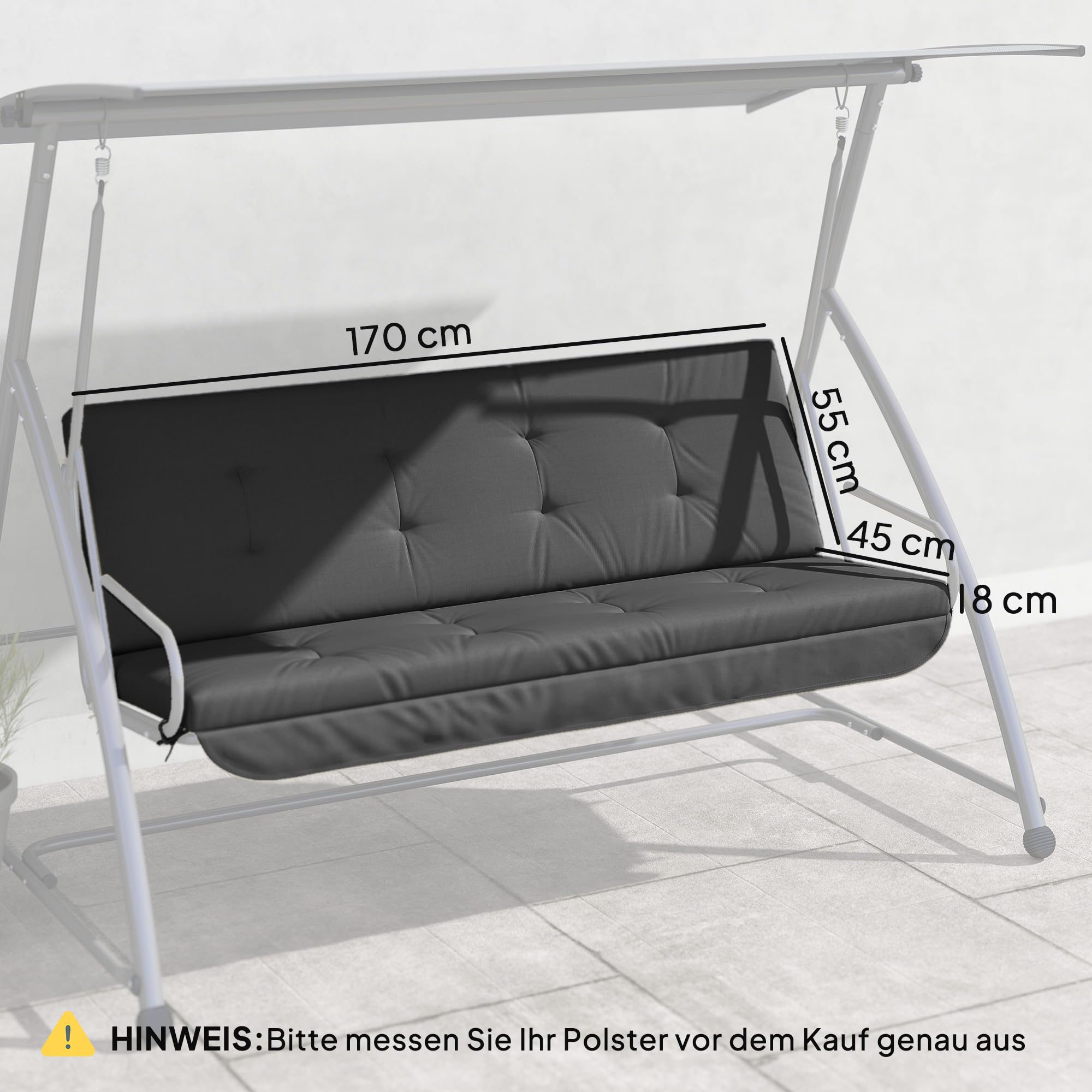 Outsunny Set de coussins pour balançoire hollywoodienne 170 cm Coussin de chaise Coussin de balançoire Coussin d'assise Balançoire de jardin Coussin de dos Coussin latéral Gris foncé