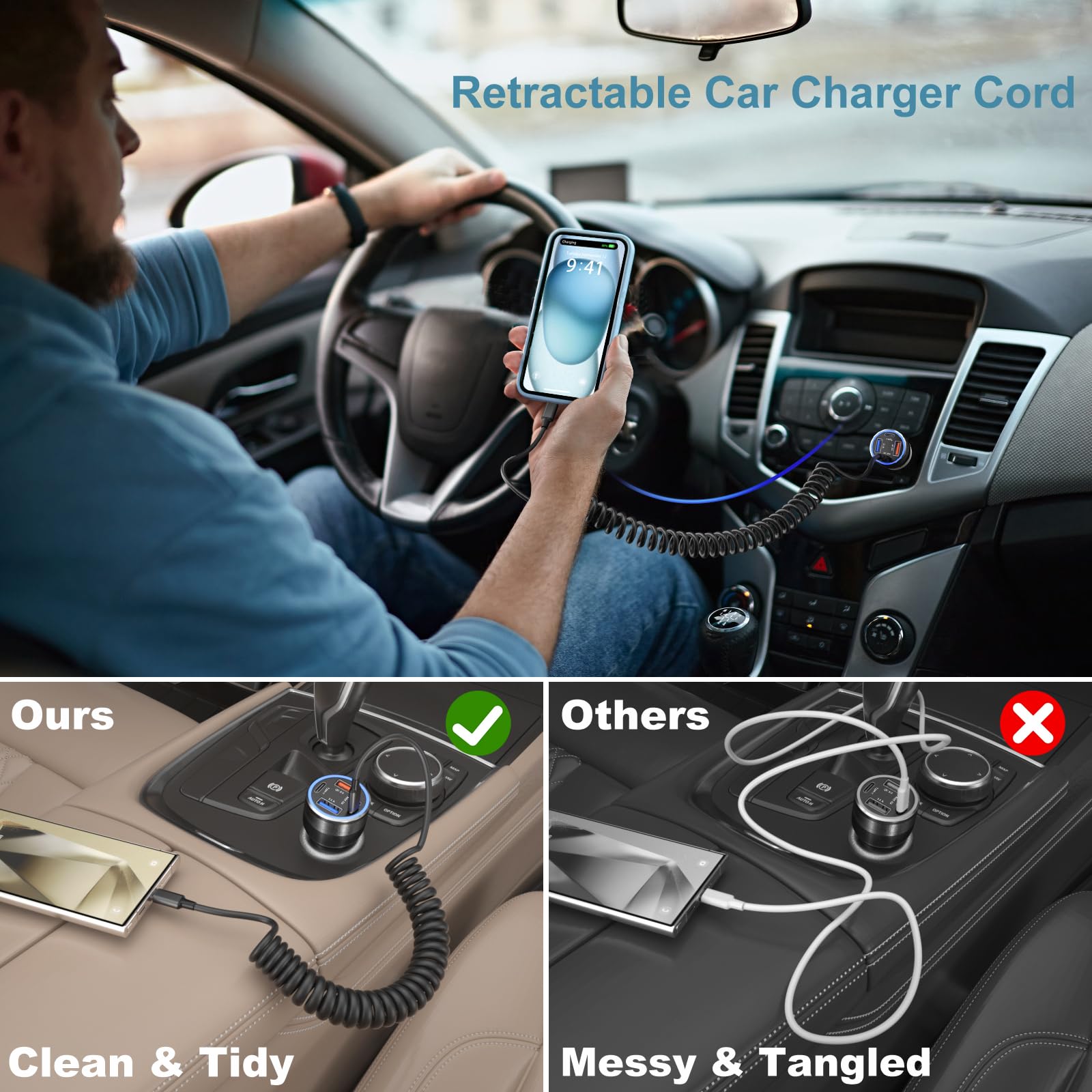 OKRAY Cable USB C en espiral para coche, paquete de 2 unidades de 5 pies USB-C a USB-C de 60 W, cable de carga rápida tipo C, cable de carga retráctil para coche, compatible con teléfono 15 Pro Max/15