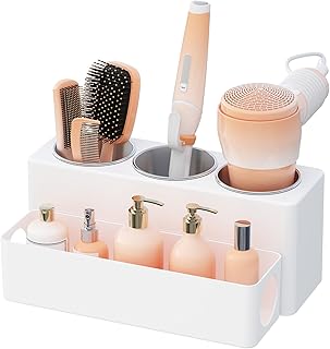Lifewit Hair Tool Organizer, Removable Hair Dryer Holder Countertop, Acrylic Hot Tools Organizer with 3 Stainless Cups for Curling Iron, Straightener, Hairbrush, Makeup Accessories in Bathroom, White