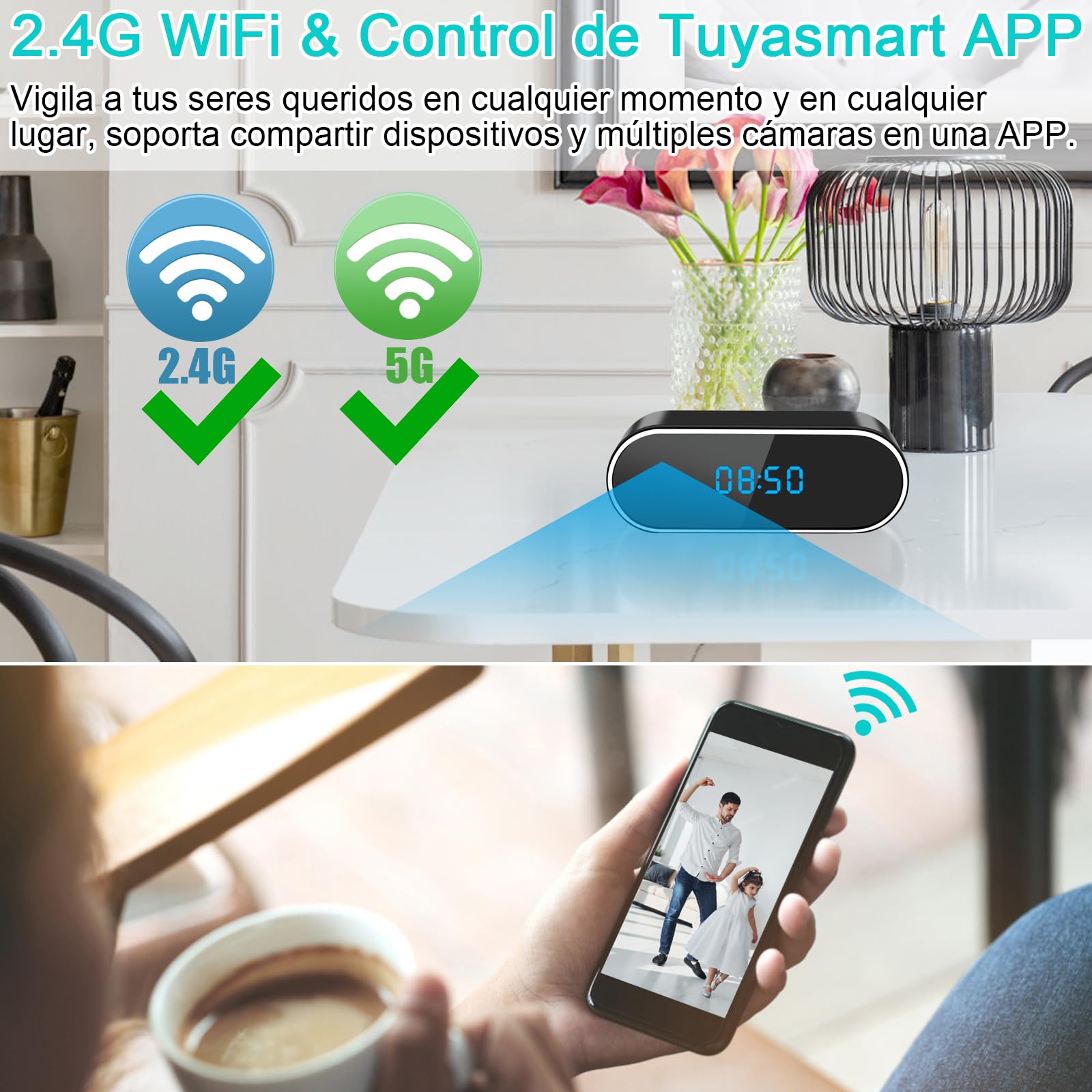 UYIKOO Cámara Espía Oculta WiFi, 2,4G/5G Mini Camara Espia Inalambricas 1080P HD, 120° Reloj con Cámara con Visión Nocturna Detección De Movimiento