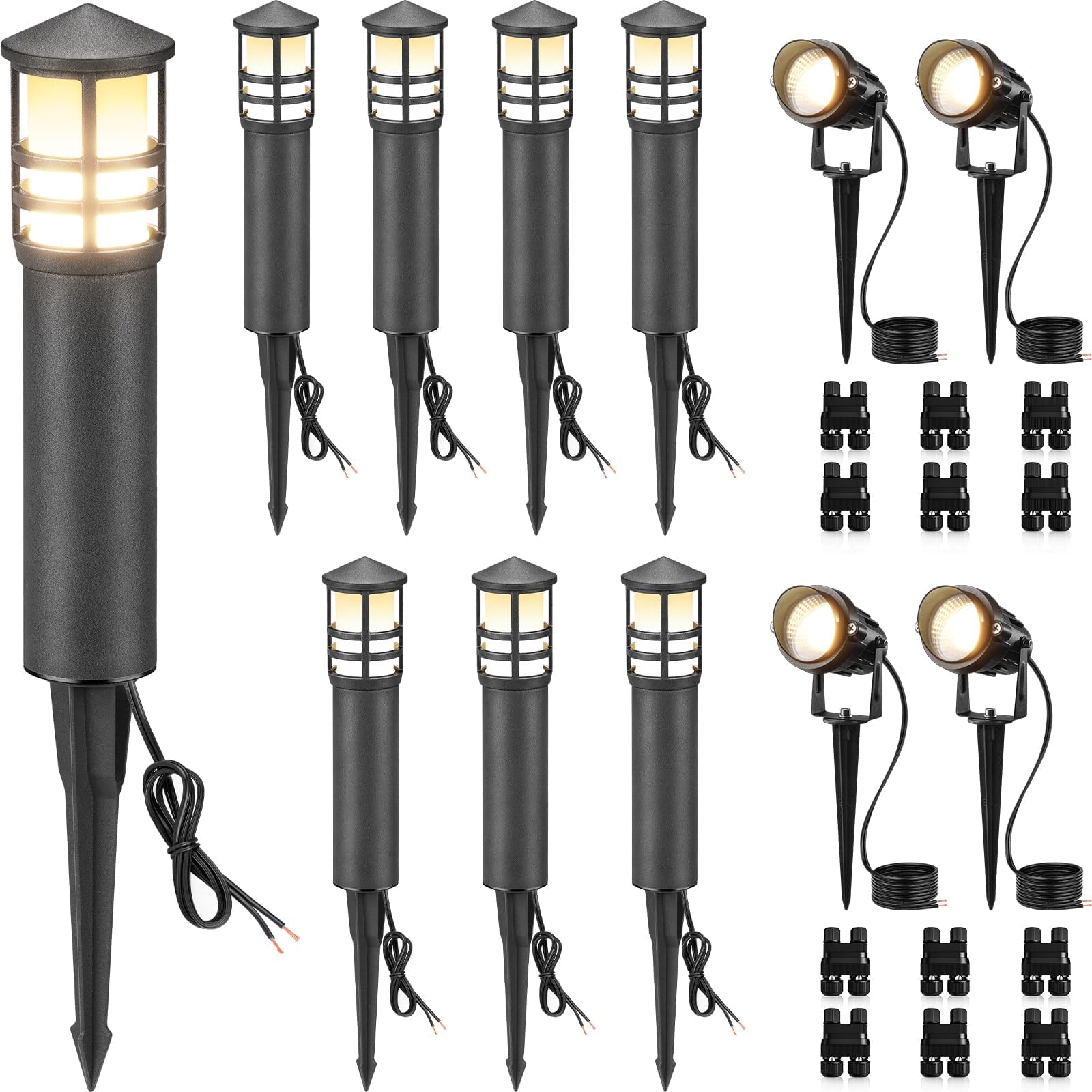 Photo 1 of  SUNVIE 12-Pack Low Voltage Landscape Lighting Kit LED Bollard Pathway Lights Wired with Spotlights for Garden, Path, Yard, Patio, Cast-Aluminum, IP65 Waterproof, 12-24V AC/DC, 3000K Warm White, Black