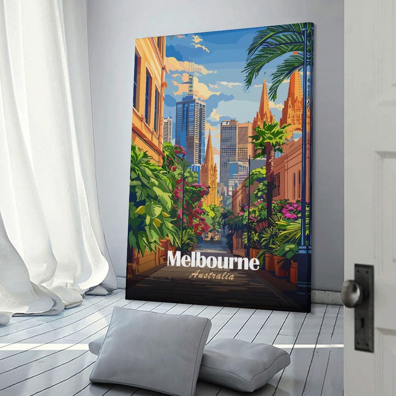Junmoney Melbourne Australia Cityscape Illustration Room Decor Wall Art, 24x36inch(60x90cm), for Bedroom Walls, Guest Spaces Or Lounges, Stylish Decor for A Restful Room Update