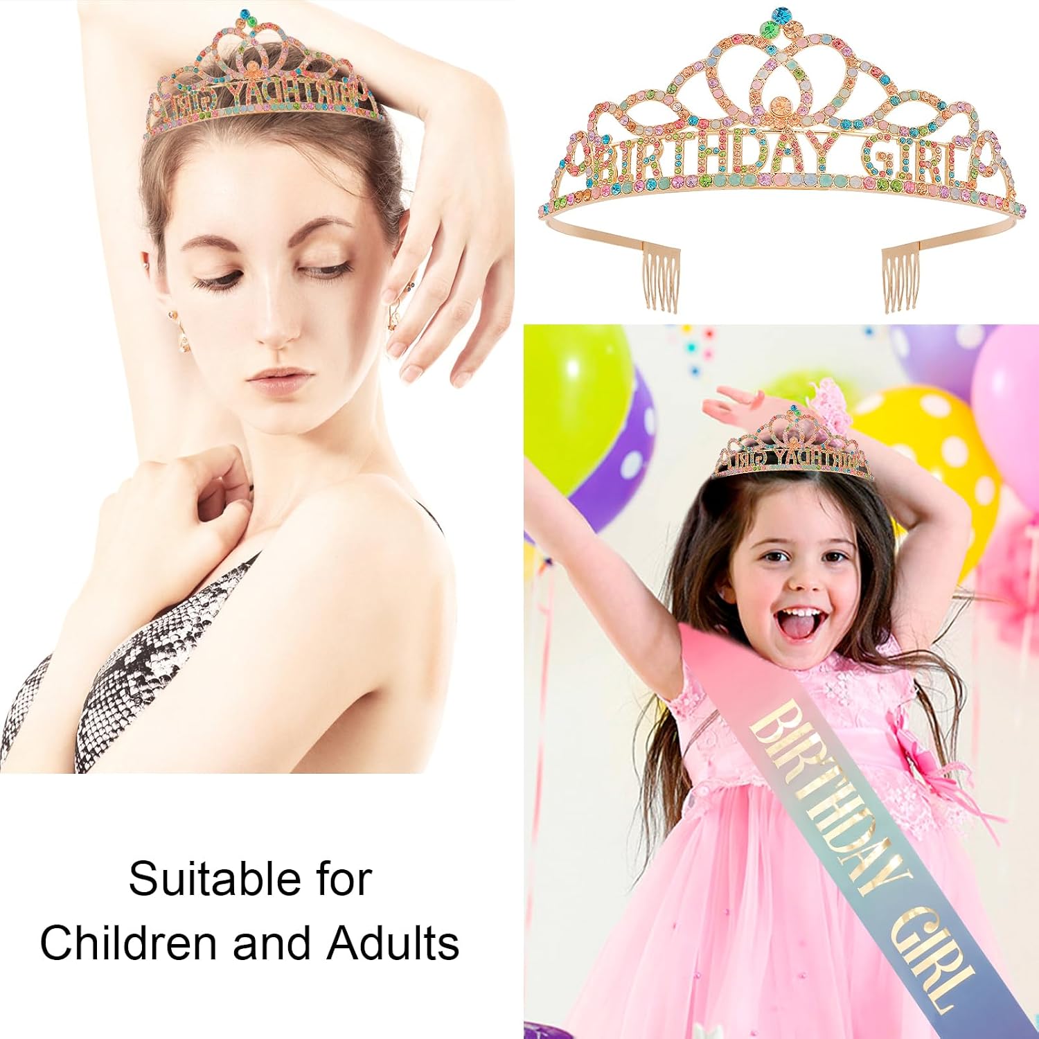 Chanaco Birthday Crown and Sash Set for Women, Gold, Hairband with 'Birthday Girl' Sash Rhinestone Tiara and Hair Accessories for Party Favors, Ideal Gift for Adults image 4