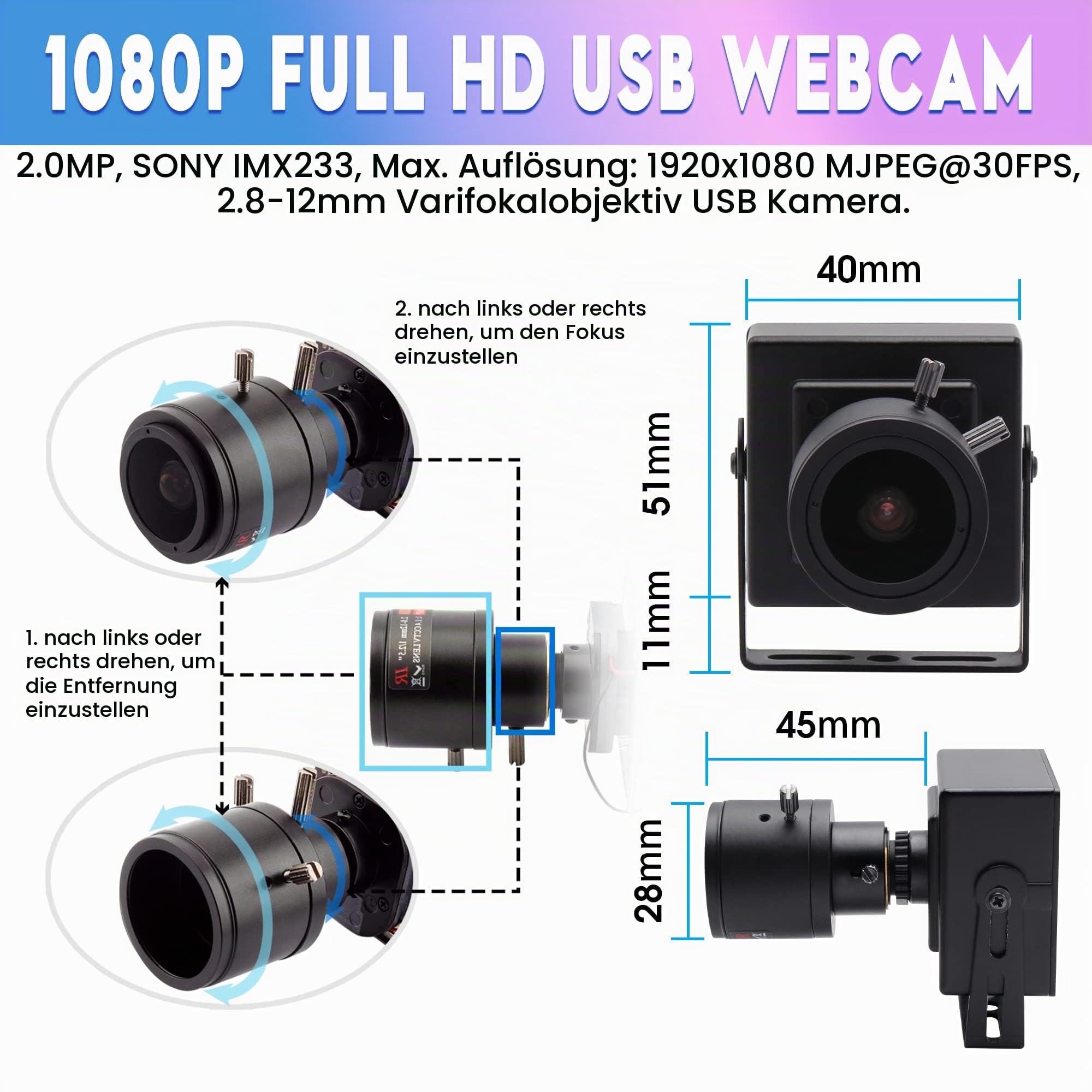 ELP Varifokus Objektiv Web Kamera 1080P USB Computer Business Webcam,2.8-12mm Zoom Objektiv,Weitwinkel,Plug & Play,2 Megapixel IMX323 Sensor 0.01Lux Streaming Web Kamera für Windows Android Linux
