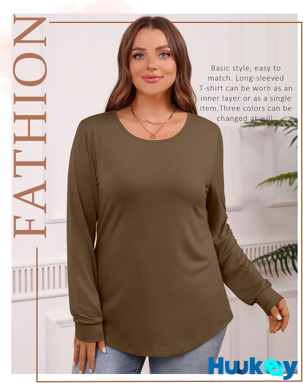 Huukeay 3 Pack Women Plus Size Long Sleeve Tops Loose Fit Tunic Shirts Crewneck Basic Tops Curved Hem Casual T Shirts - Image 5