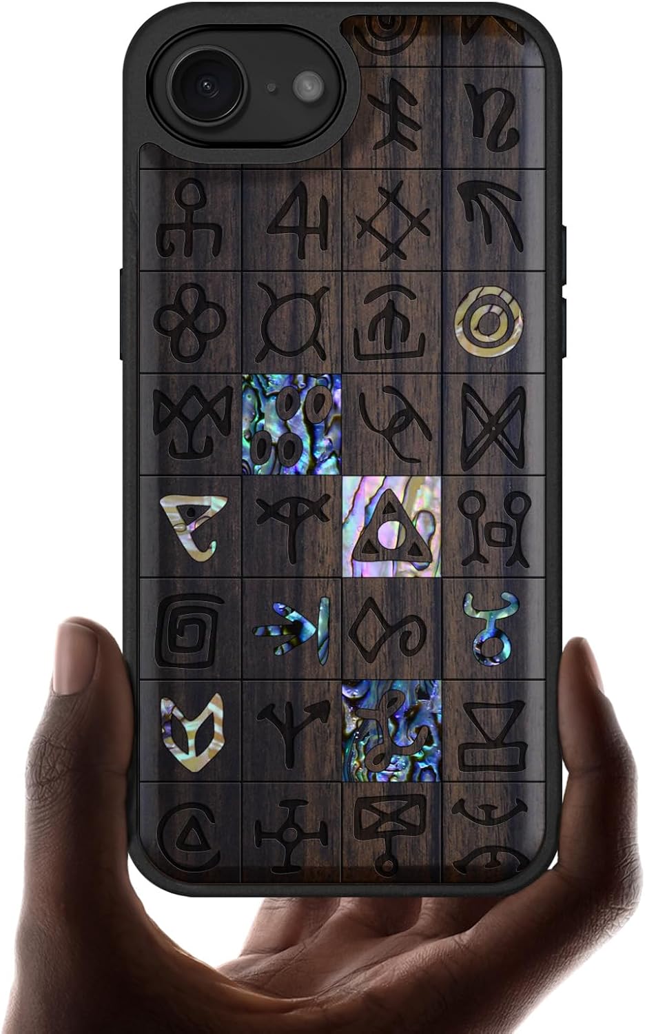 Carveit Magnetic Wooden Case for iPhone 16e / 17e, Wood Artisan Engraved & Handmade Shell Inlaid, TPU Shockproof Cover, Compatible with MagSafe Wireless Chargers, The Medusa Enigma - Rosy