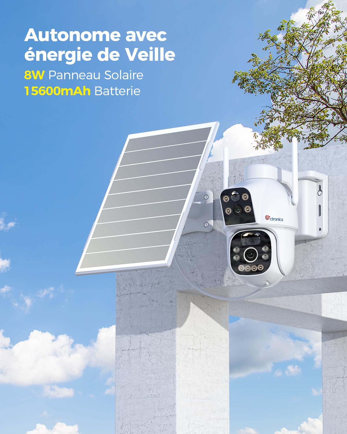 Ctronics 4G LTE Caméra Surveillance Exterieur sans Fil Double Objectif, 15600mAh Batterie 8W Panneau Solaire Caméra avec Carte Sim Vision Nocturne Couleur PIR Détection PC/Cloud/IP66-NO WiFi (Blanc) | Sans Fil, Batterie 15600mAh, Panneau Solaire 8W, Carte