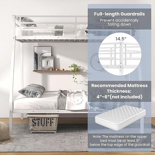 Miniatura 6 de Giantex Litera de tamaño individual sobre matrimonial, litera de metal con escalera y soporte de marco de acero, litera triple que ahorra espacio