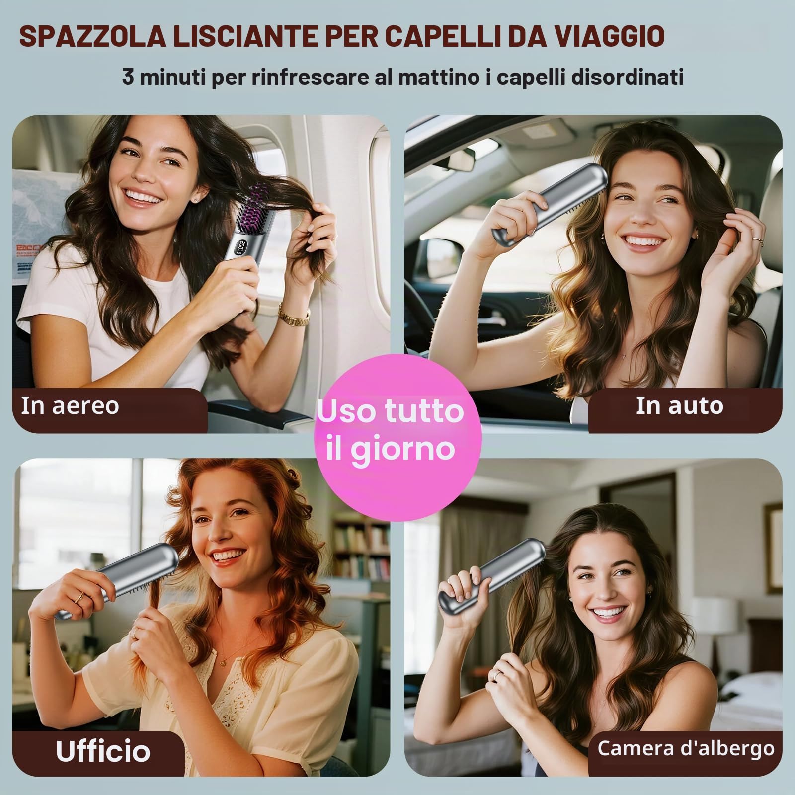 Spazzola Lisciante per Capelli 9600mAh, Spazzola Lisciante Senza Fili 40 Milioni di Ioni Negativi, Riscaldamento Rapido, Pettine Lisciante per Capelli per Viaggio, 4 Livelli di Temperatura (Grigio)