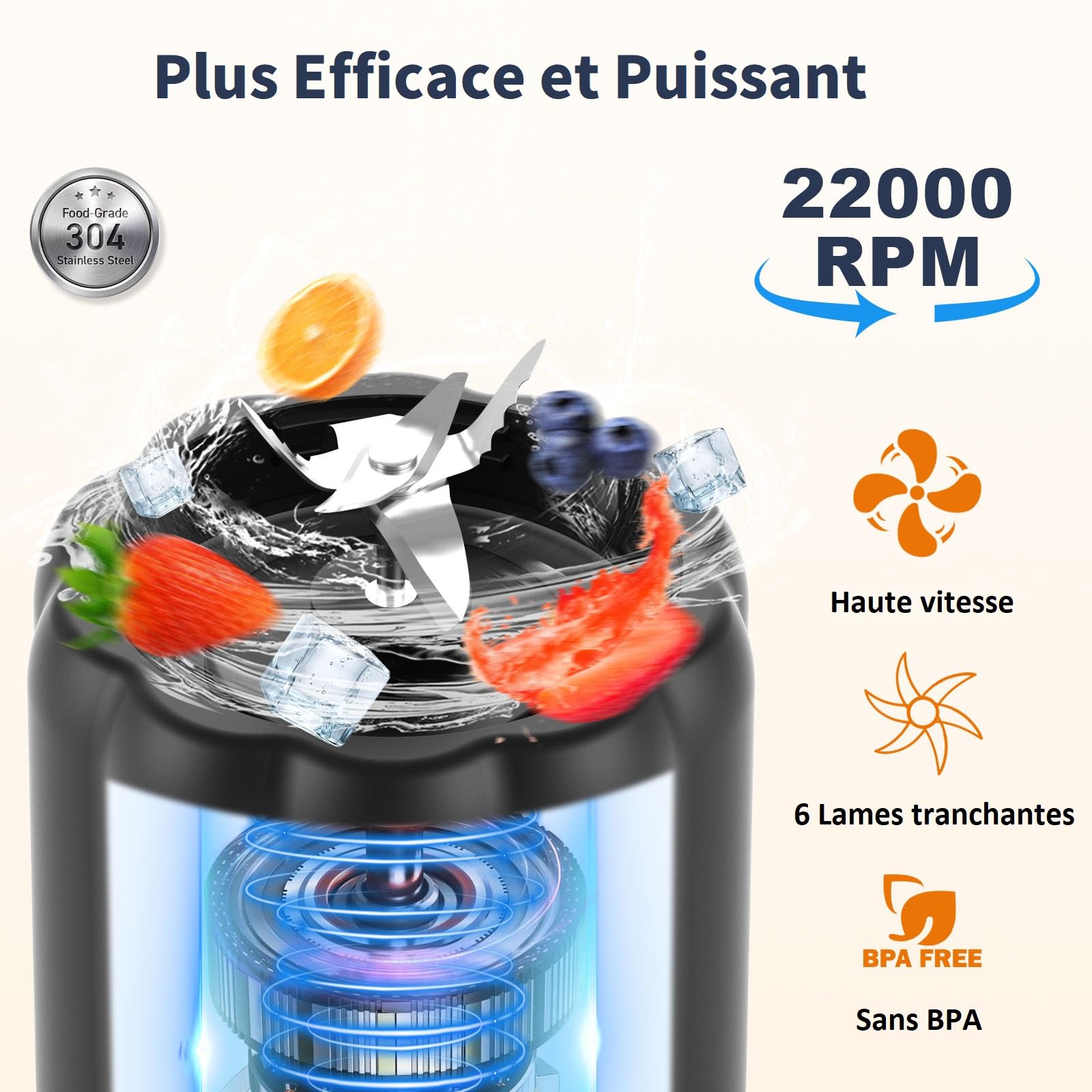 COKUNST Mixeur Portable pour Shakes et Smoothies, 22000 TR/min Puissant Mixeur Smoothie avec 6 Lames, 500 ml Mini Blender avec Couvercle de Voyage pour Cuisine, Salle de Sport, Bureau