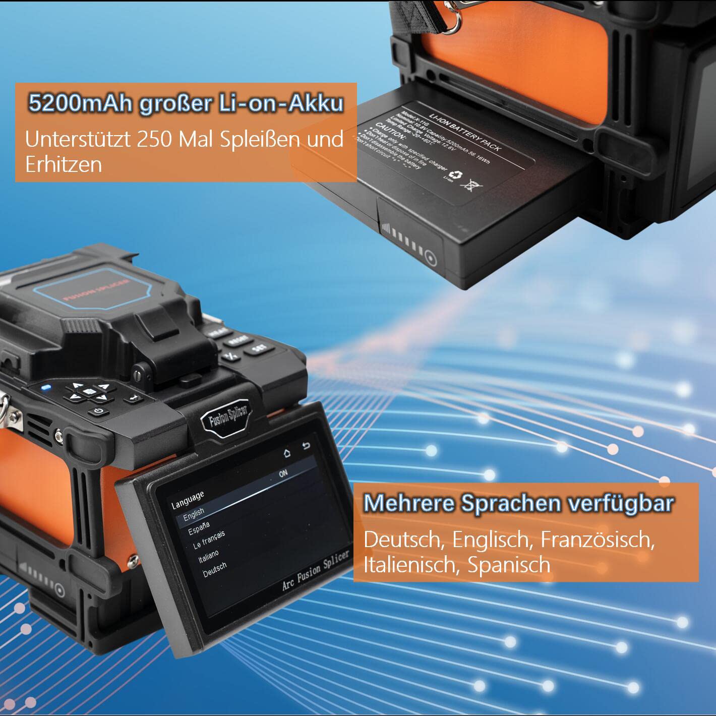 Fusion Splicer Glasfaser Spleißgerät X800 mit Kern zu Kern Ausrichtung für MAN Telekommunikation FTTx Projekte LWL Spleißgerät Automatisches schnelles Spleißen und Heizung mit großer Batterie