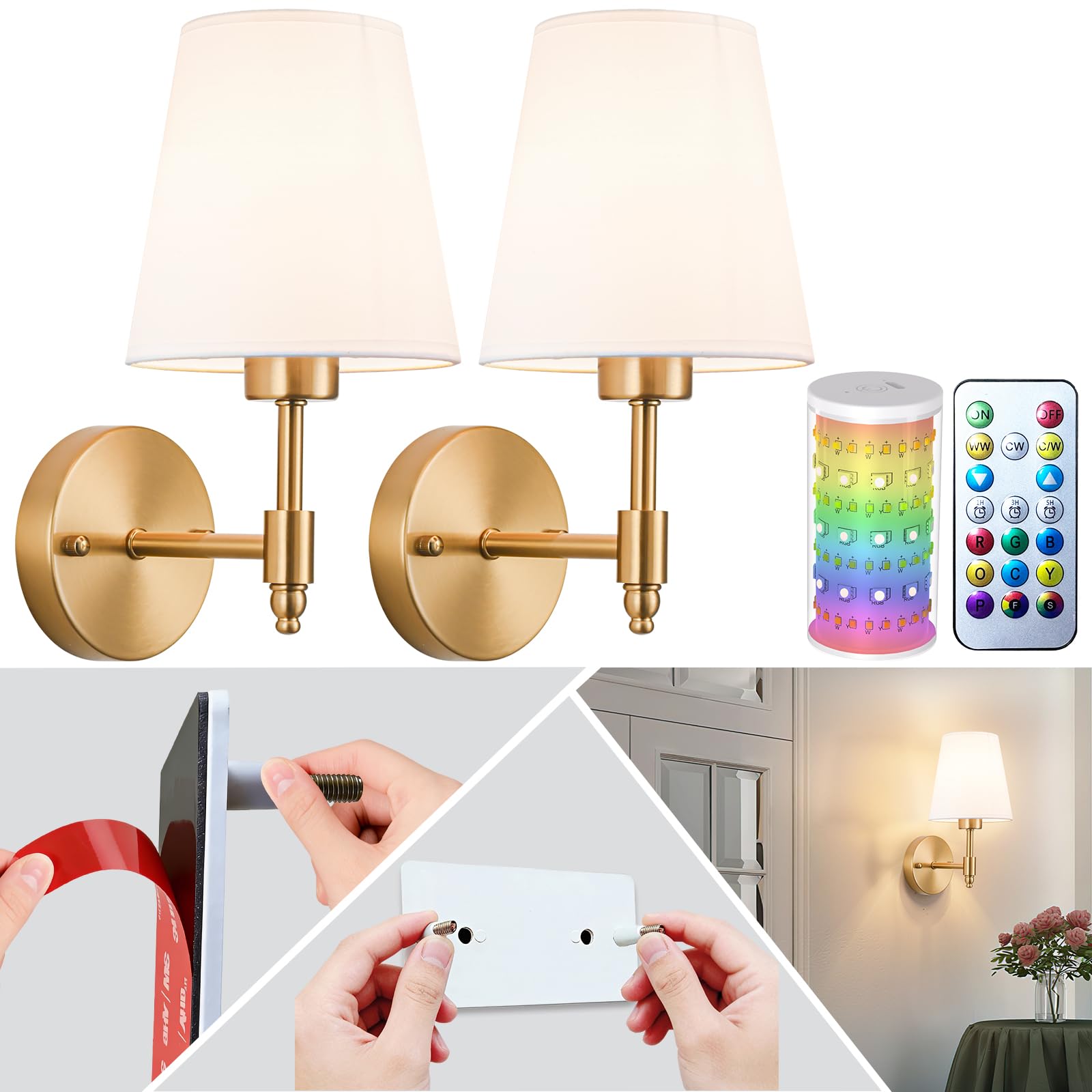 Peel and Stick Wall Sconces, Stick On Wall Sconce Set of 2, Battery Operated Wireless Adhesive Wall Lights, Corn Bulb with 10000mAh Battery, Easy Install for Bedroom Living Room Wall Decor