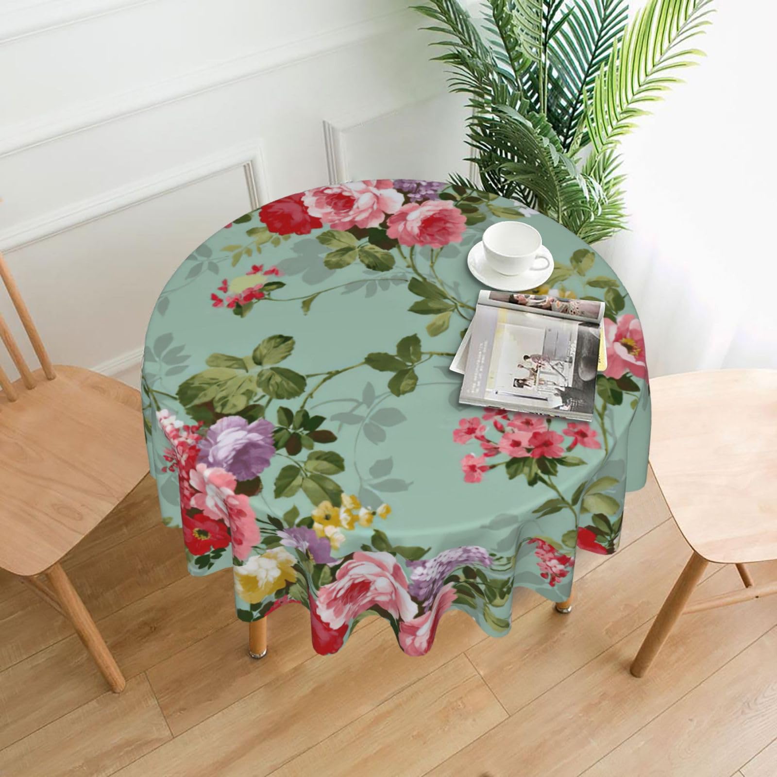 DEXNEL Flower Print 60'' Round Tablecloth Retro Polyester Washable Cover for 4-6 Seat Dining Table Boho Decor