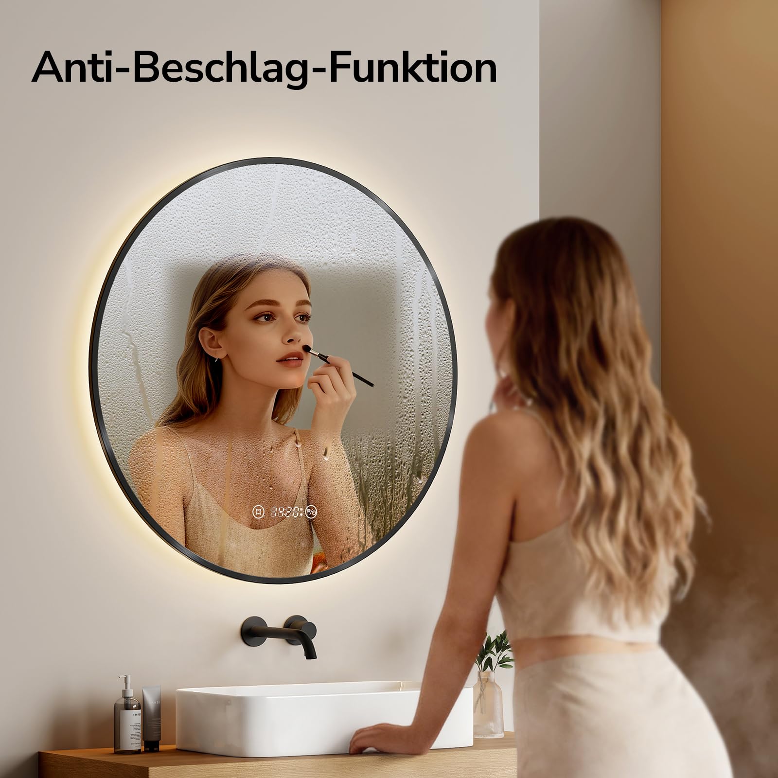 EMKE Badspiegel mit Beleuchtung Rund 70 cm, Anti-Beschlag, 3 Lichtfarben & Dimmfunktion, Uhr, Touch & Memory-Funktion, LED Badezimmerspiegel mit schwarzem Rahmen