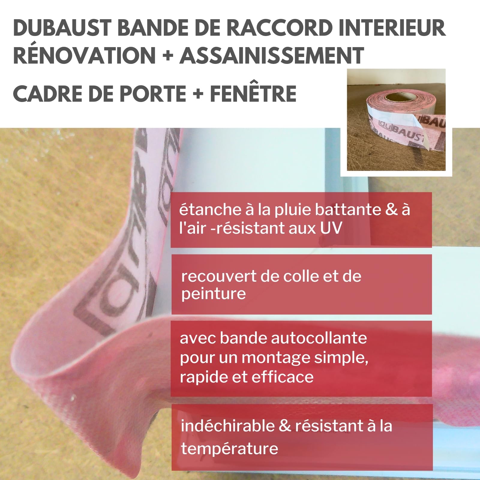 Ruban de raccordement pour fenêtre - Ruban d'étanchéité pour fenêtre - Pour l'intérieur et l'extérieur - Étanche à l'air - Avec bande adhésive - Différentes largeurs - Rouleau de 30 m