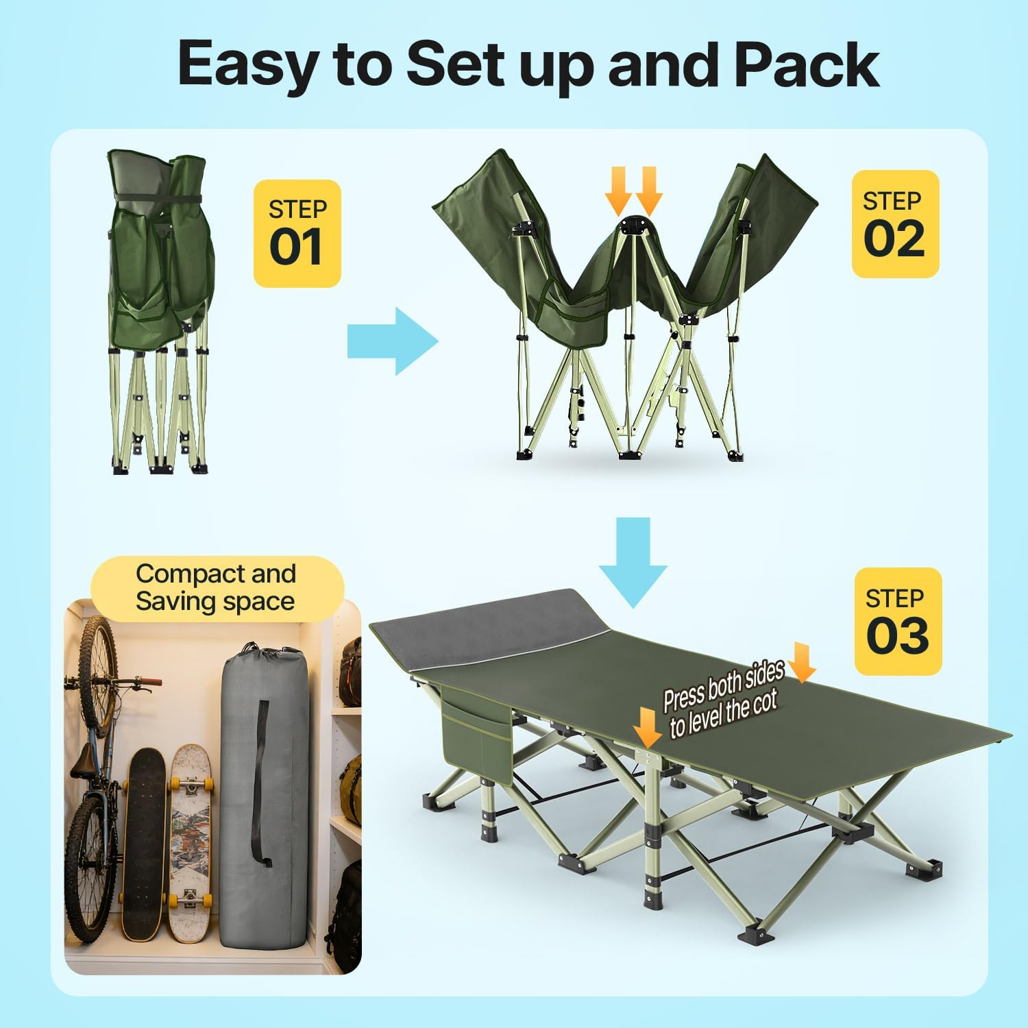 Slendor XXL Folding Camping Cot for Adults with Mattress Pillow Carry Bag, 32 inch Extra Wide Portable Sleeping Cot, 900LBS Support Outdoor Cot Bed for Office Nap Beach Travel RV