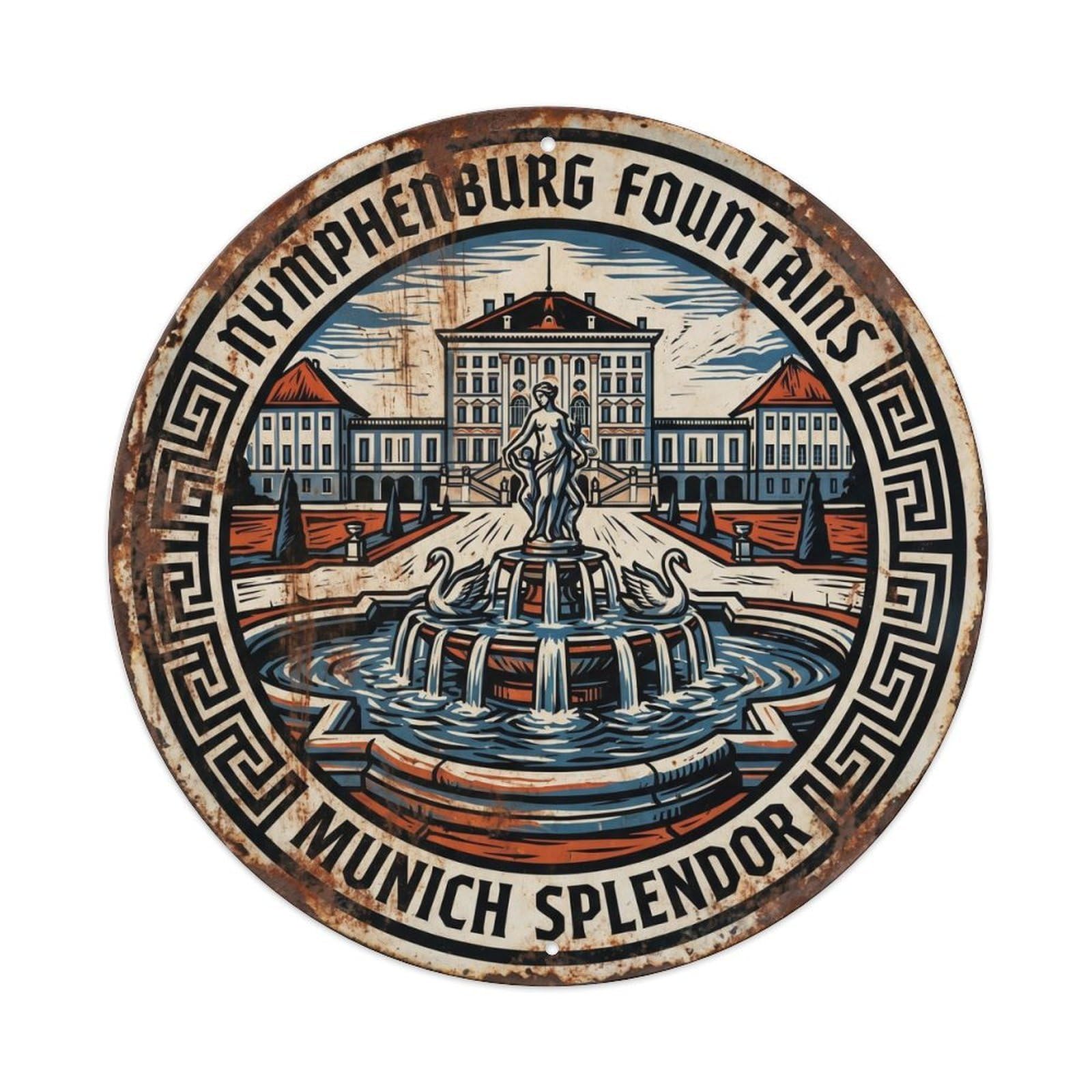Vintage Travel Nymphenburg Fountain Munich Splendor Metal Tin Sign Plaque Wall Decor for Cafe, Club, Garden Round Metal Poster 8x8Inch
