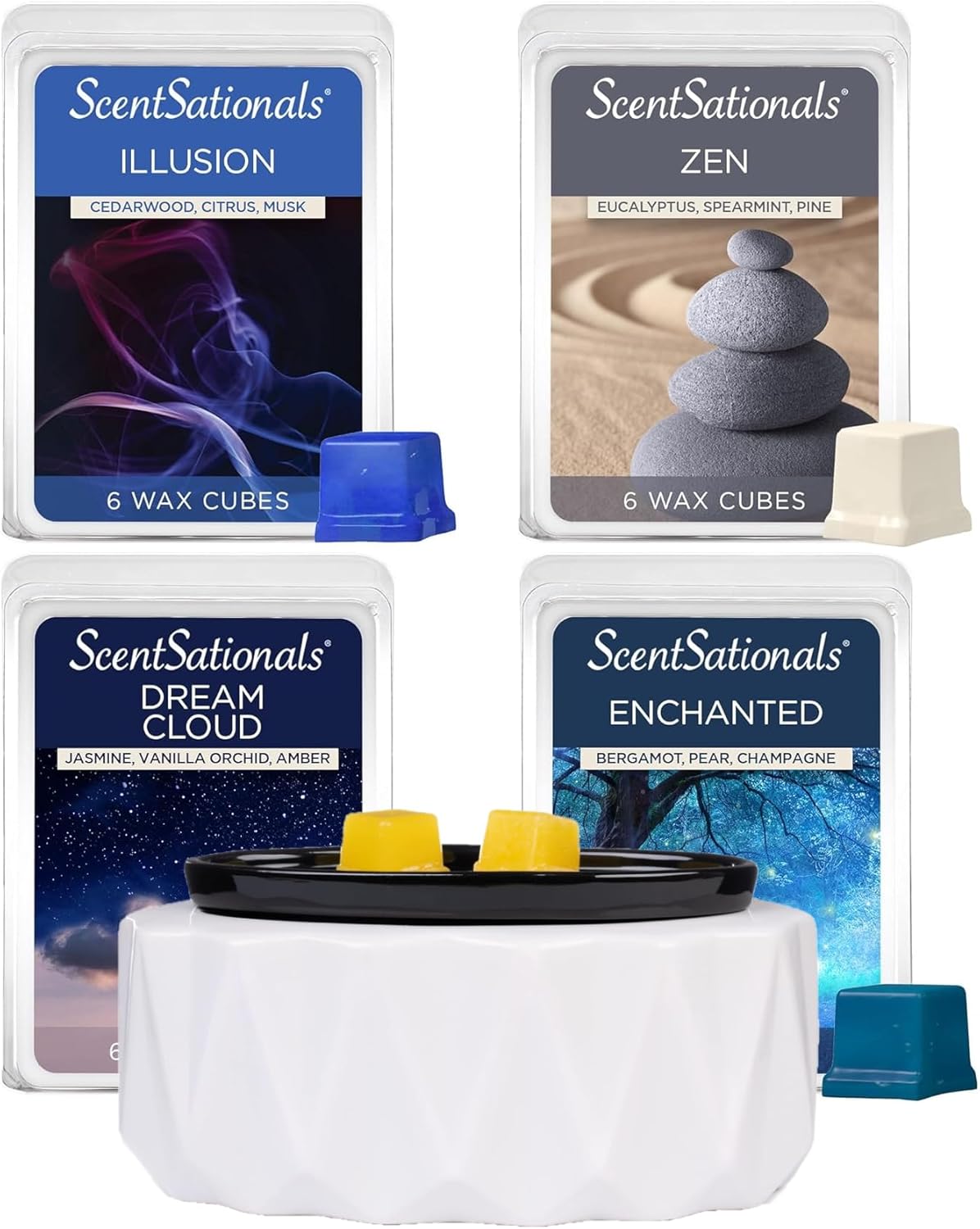 Scentsationals Wide Wax Warmer and 4-Pack Variety Pack Wax Melts Starter Bundle (Aura Warmer + Tranquility 4pk)