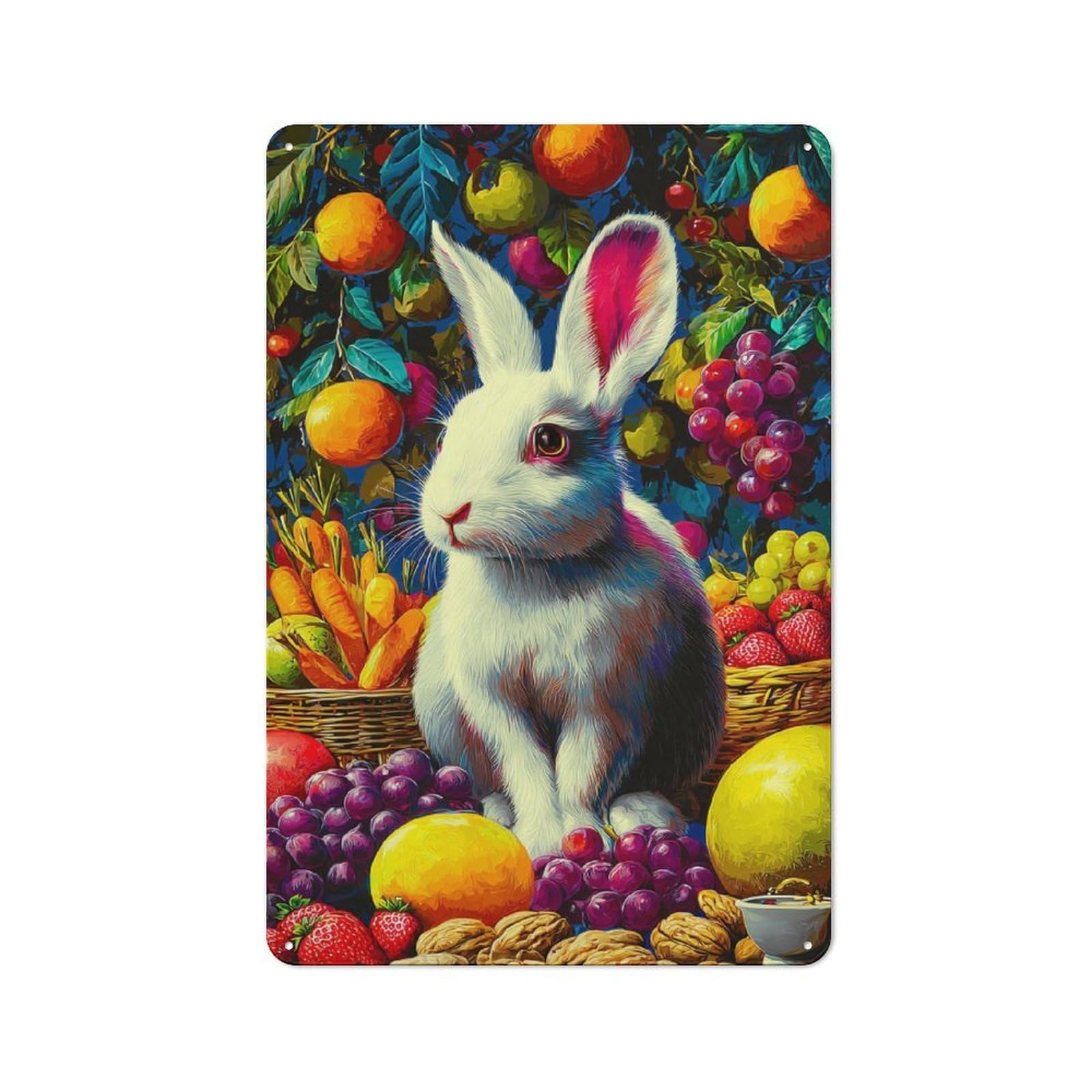 Junmoney Rabbit Amidst Vibrant Fruit Basket Rustic Tin Wall Plaque 30X20cm Featuring For Pub Or Café, A Decorative Christmas Gift For Café Interior Fans