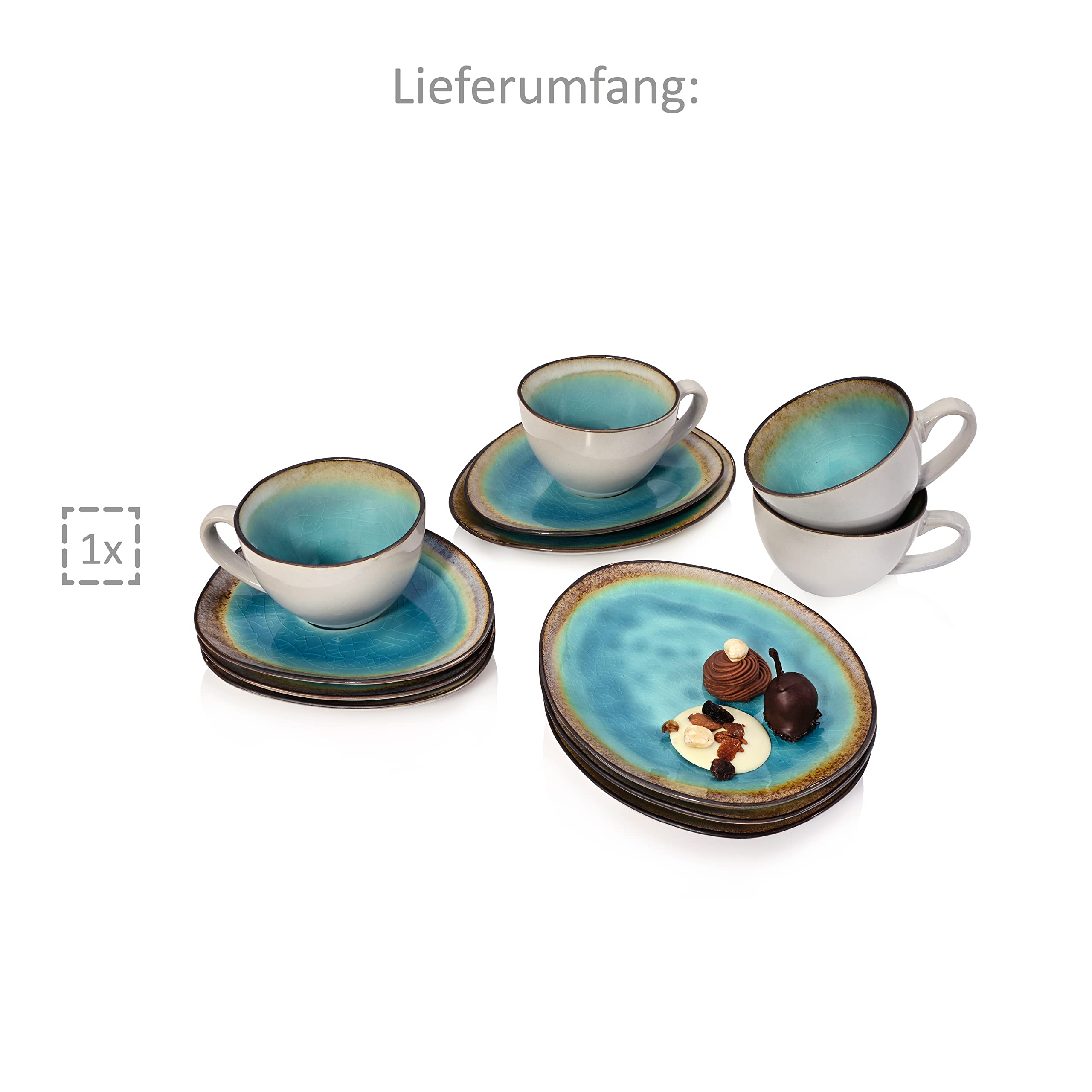 Sänger | Kaffeeservice Capri aus Steingut, Kaffeetassen Set für 4 Personen, Kaffeebecher, Untersetzer, Teller, Kaffee Tassen Sets 12-teilig, Kaffeebecher Set mit Steingut Becher | PREMIUM COLLECTION