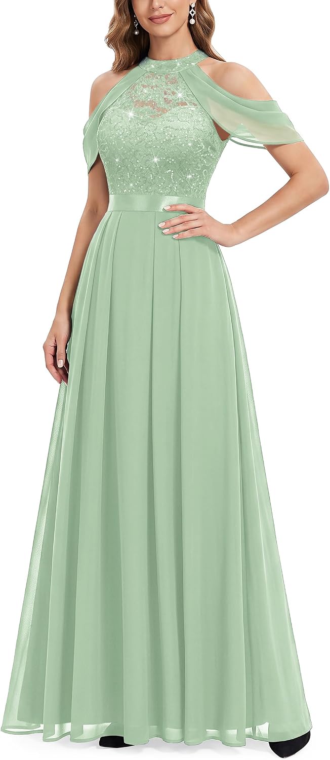Miusol Women's Classic Lace Sequin Contrast Chiffon Bridesmaid Maxi Dress