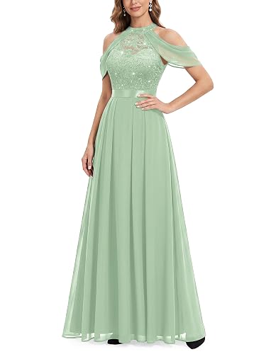 Women's Classic Lace Sequin Contrast Chiffon Bridesmaid Maxi Dress