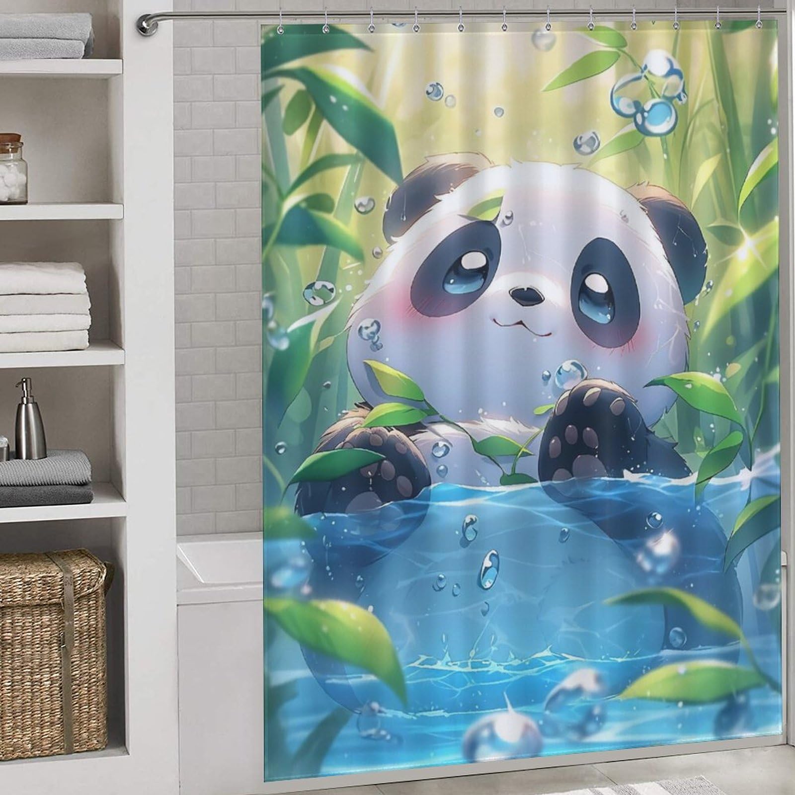 Rideau de douche panda en tissu polyester lavable et imperméable de 168x183cm pour baignoire