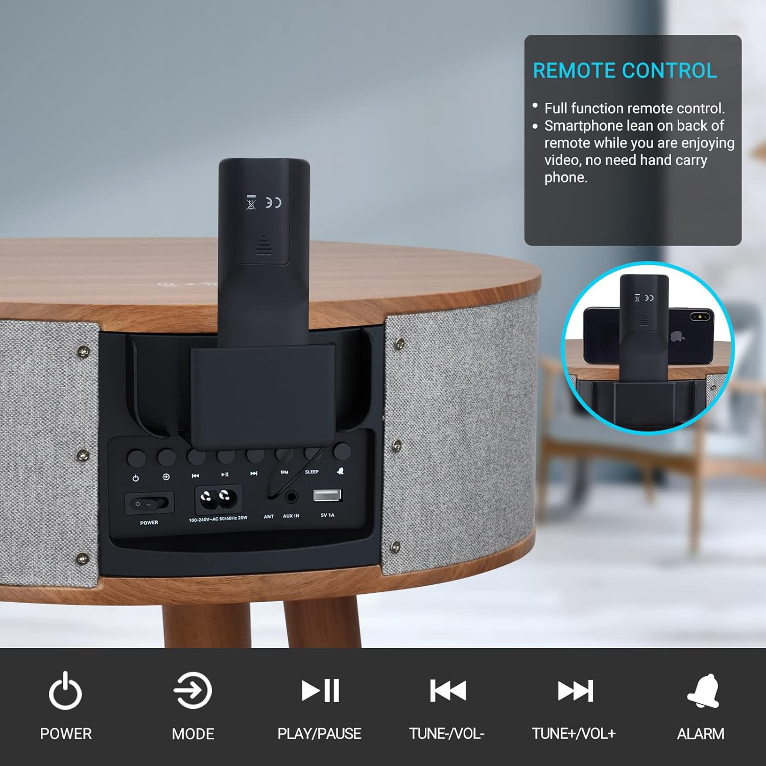 portable smart end table bluetooth speaker with wireless charger and usb charging dock digital screen display fm radio for bedroom living room off