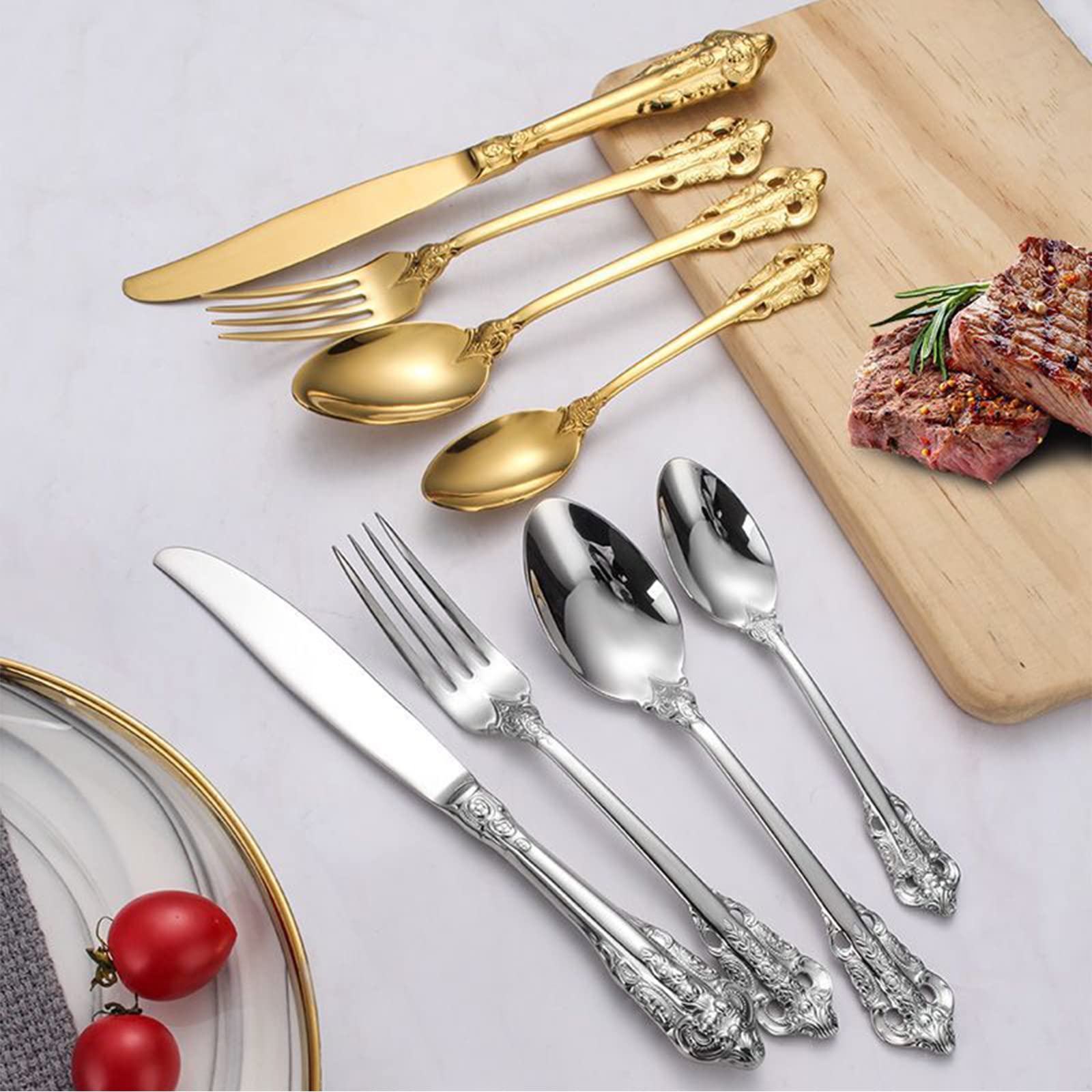 Besteck-Set, Edelstahl-Besteck-Set für 1 Personen, Geschirr-Set für Zuhause/Küche/Party, hochglanzpoliert, spülmaschinenfest,Gold (Gold)
