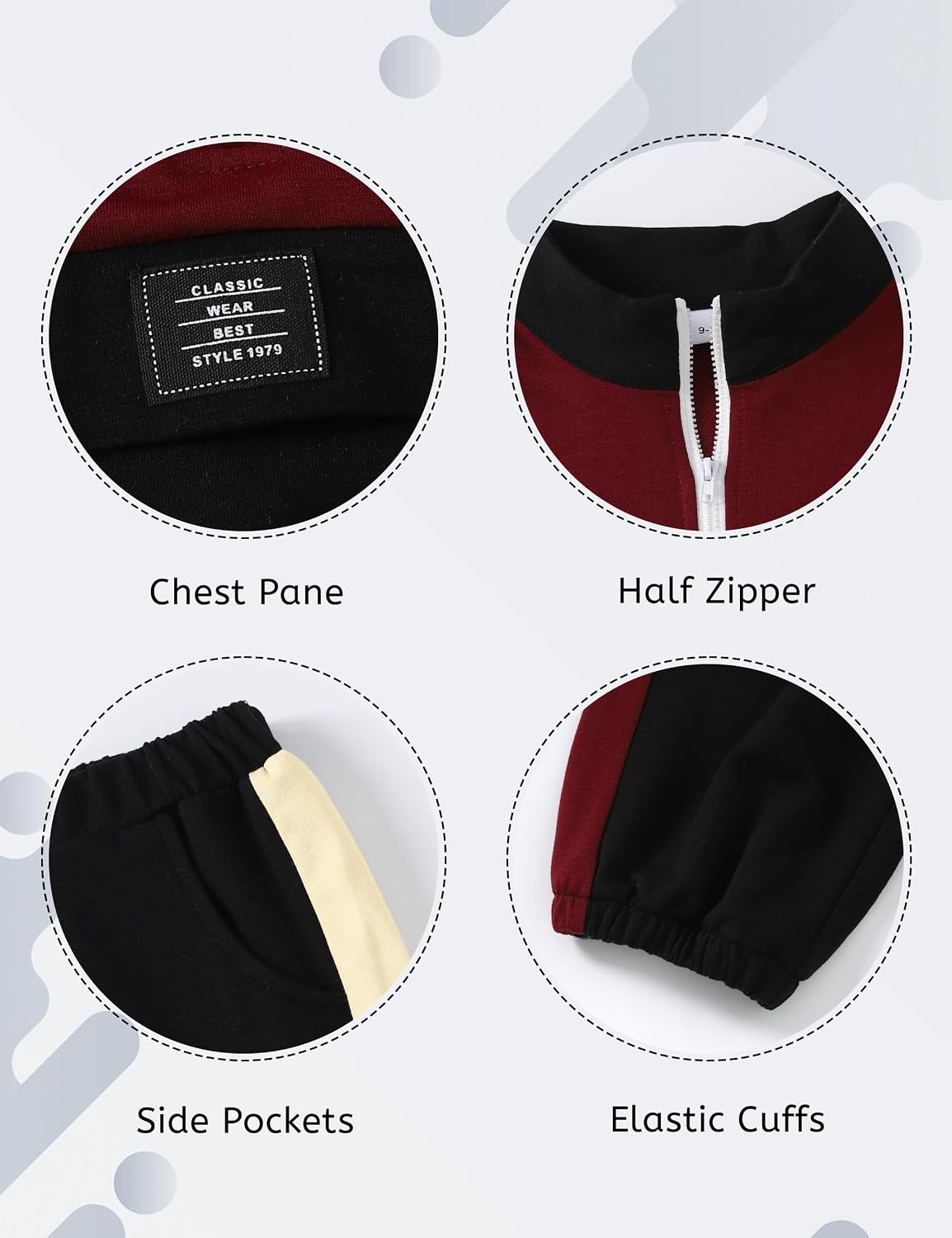 GEMLON Boys Clothes Half Zip Tops Color Block 2PCS Boys Outfits Size 6-14