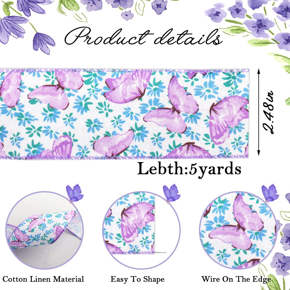 Threetols 2 Rolls 10 Yards Floral Wired Edge Ribbon, 2.5inch Purple Lavender Burlap Ribbon, Purple Flower Butterfly Gift Wrapping Ribbon for Farmhouse Party DIY Craft Spring Wreaths Bow Decoration